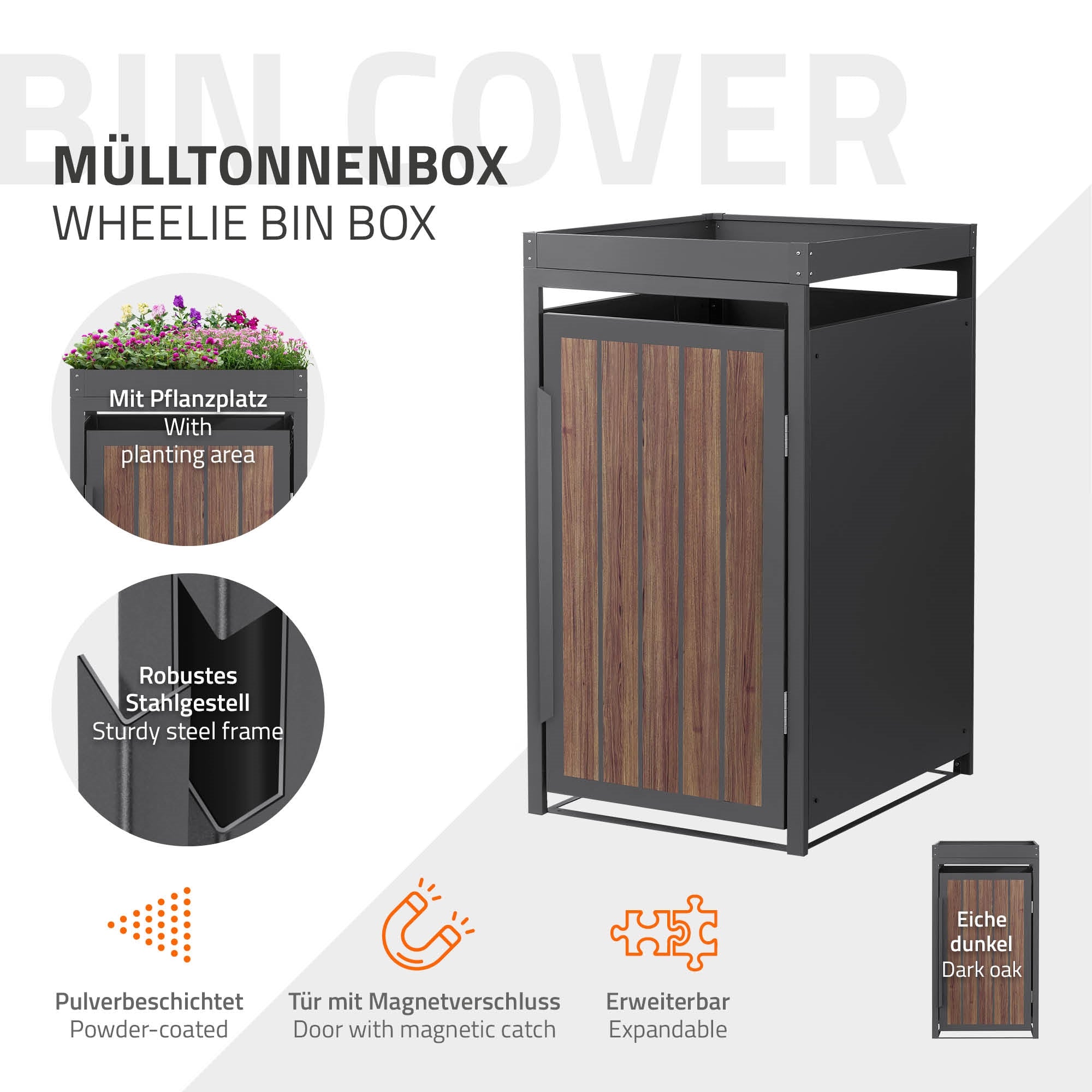 Mülltonnenbox mit Pflanzplatz und robustem Stahlgestell.