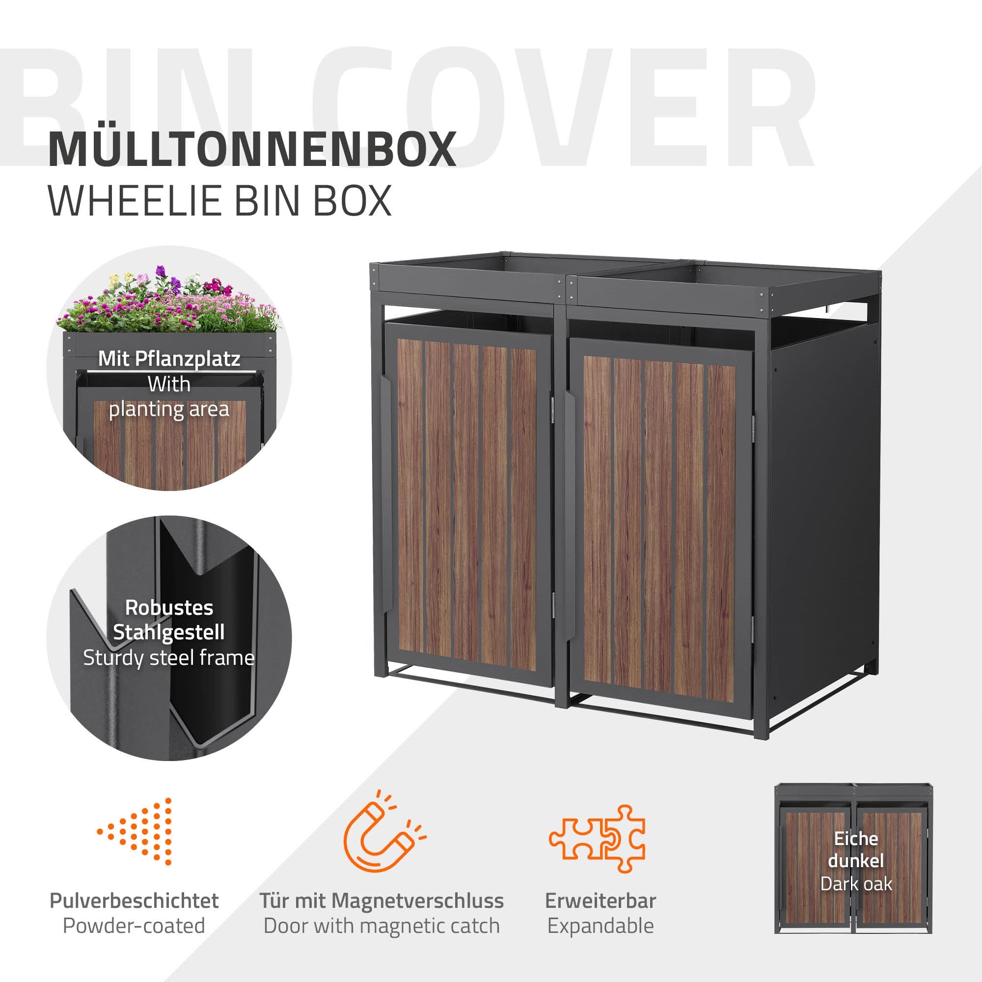 Mülltonnenbox mit Pflanzenplatz, robustem Stahlgestell und magnetischem Türverschlus