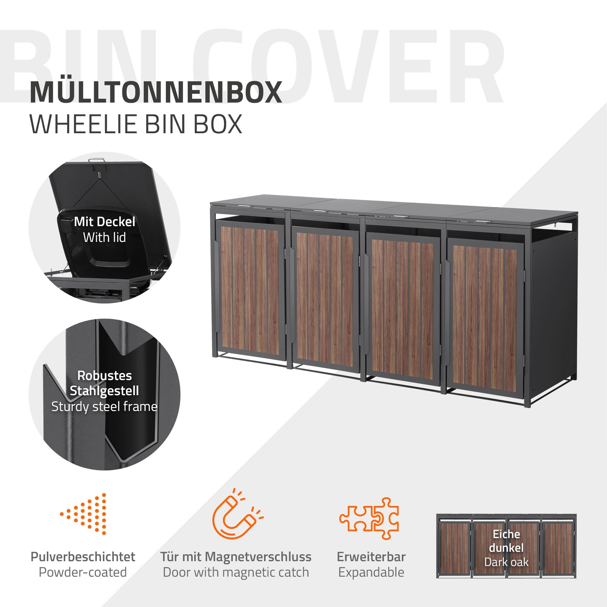 Grafik mit Details zu einer Mülltonnenbox mit Deckel und robustem Rahmen.
