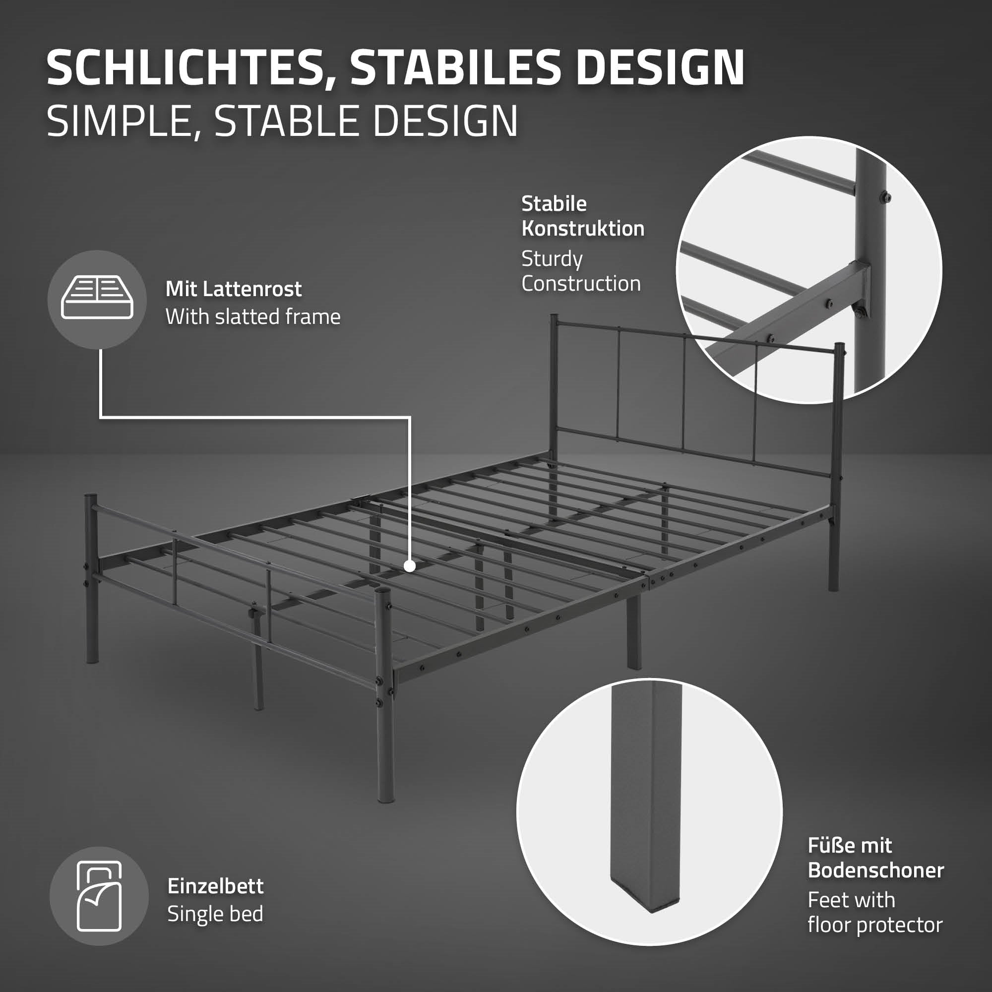 Illustration eines stabilen Bettgestells mit Details zu Konstruktion und Füßen.