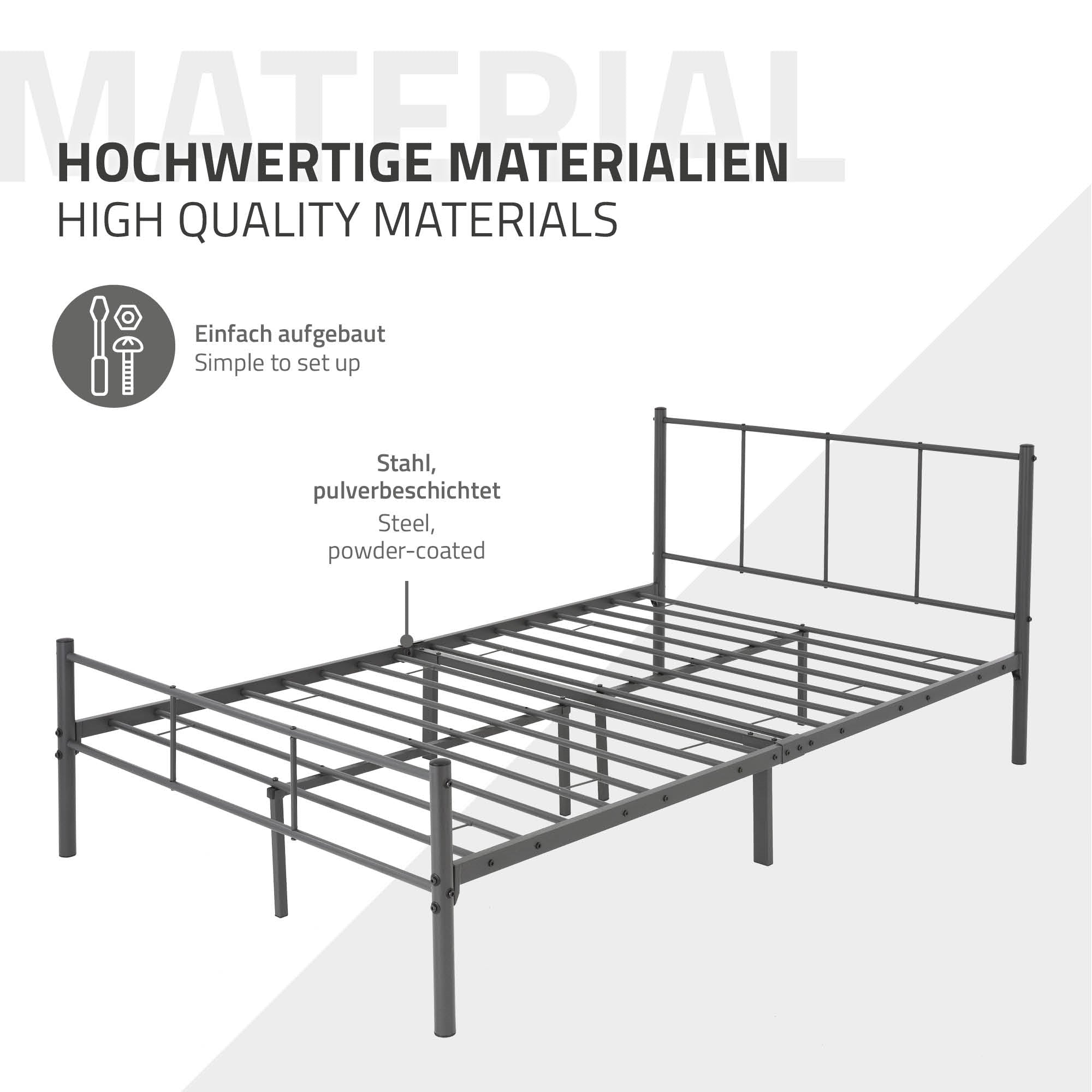 Bettgestell aus pulverbeschichtetem Stahl, einfach aufzubauen.