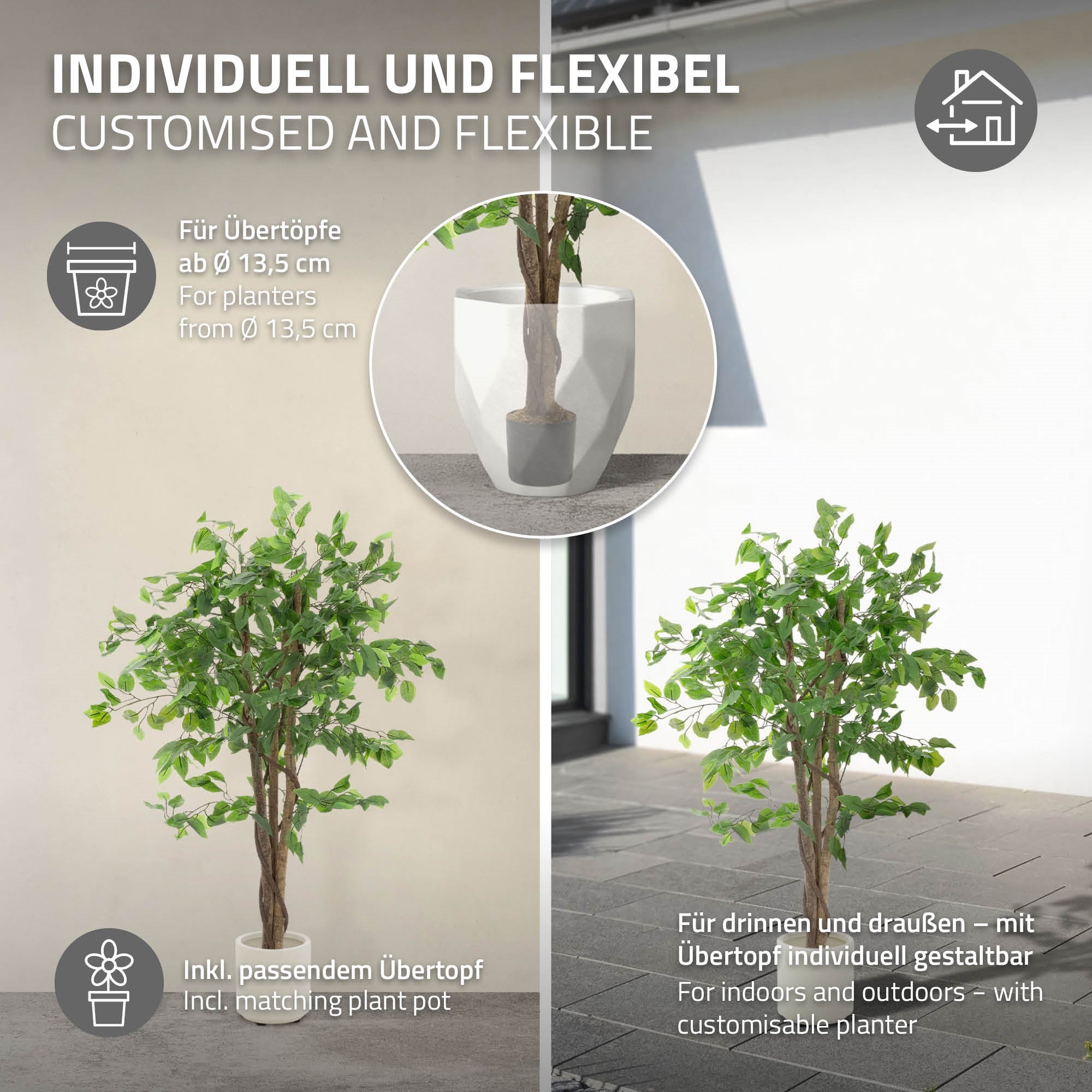An artificial tree in a white pot, suitable for indoor and outdoor areas.