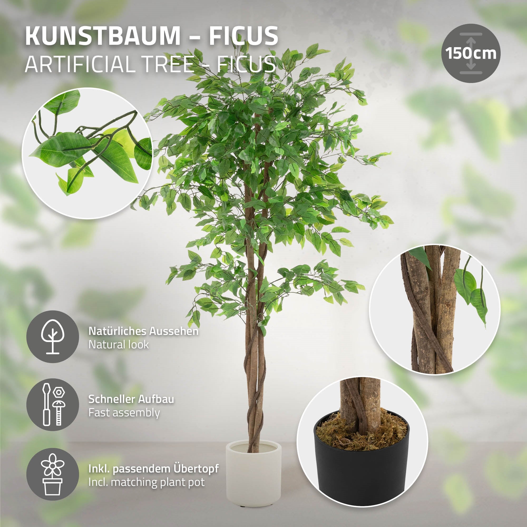 Kunstbaum Ficus mit Details zu natürlichem Aussehen und einfachem Aufbau.