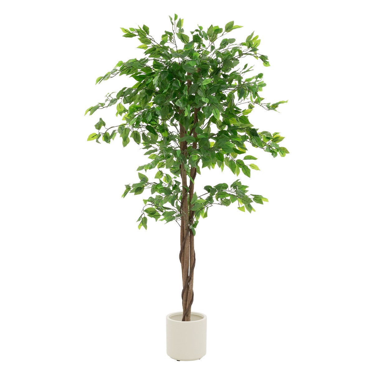 Umělý strom v bílém květináči na bílém pozadí.