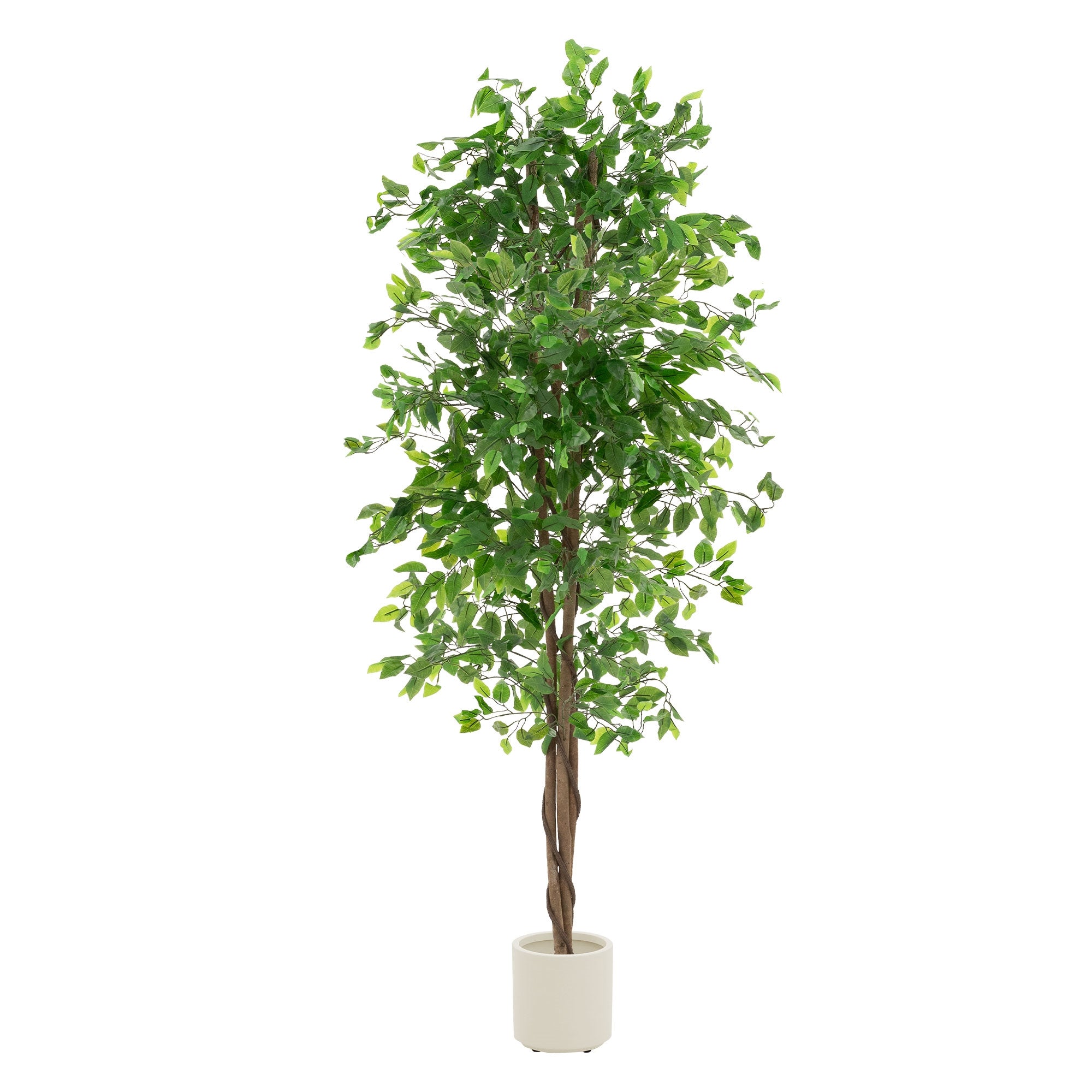 Kunstipuu valkoisessa ruukussa, korkeus 210 cm, vihreät lehdet.