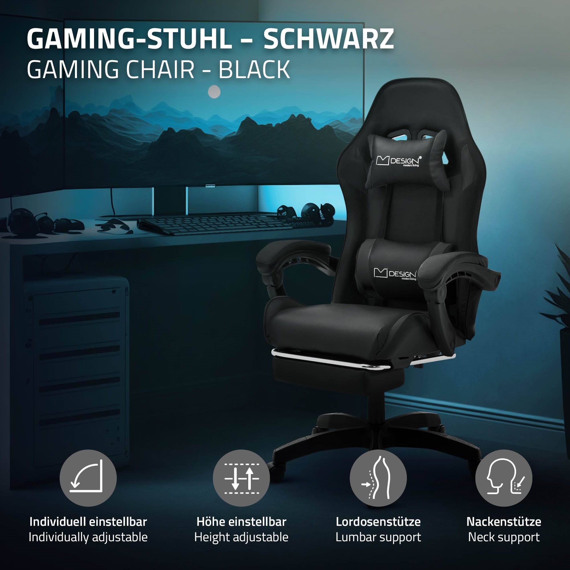 Schwarzer Gamingstuhl vor einem Computerbildschirm, mit verstellbaren Funktionen.