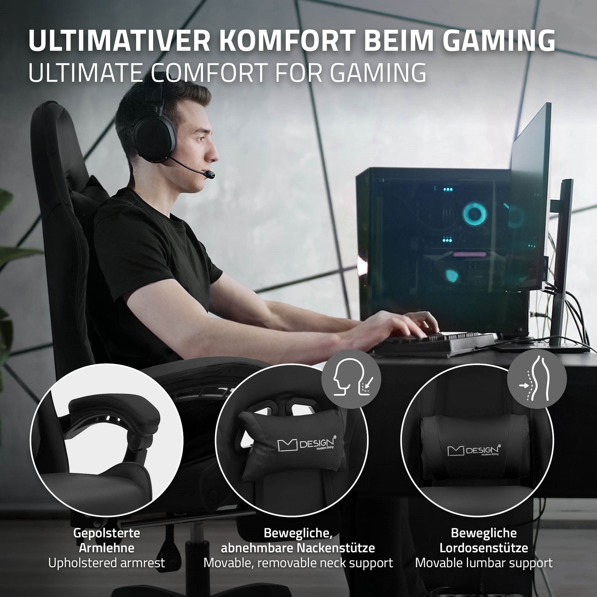 Mann mit Headset sitzt am Computer, Gaming-Stuhl im Vordergrund.