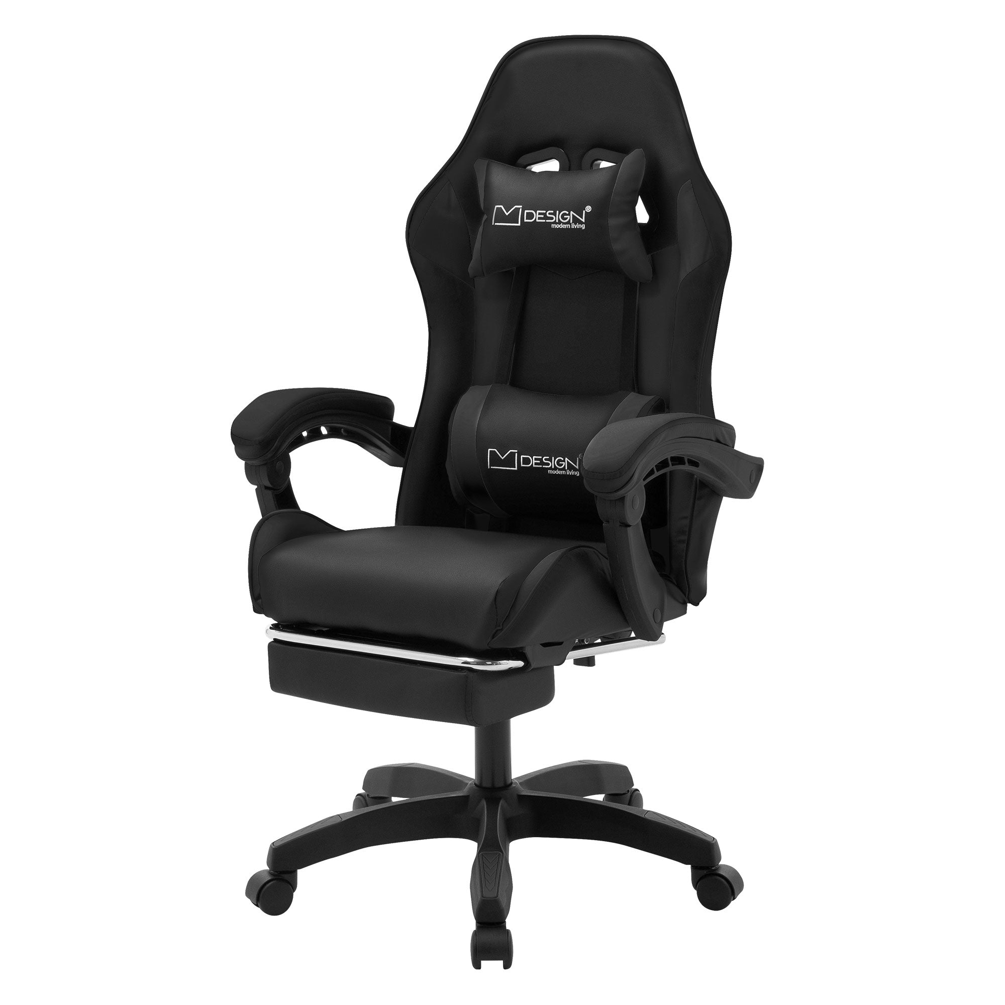 Schwarzer Gaming-Stuhl mit Kopf- und Lendenkissen auf weißem Hintergrund.