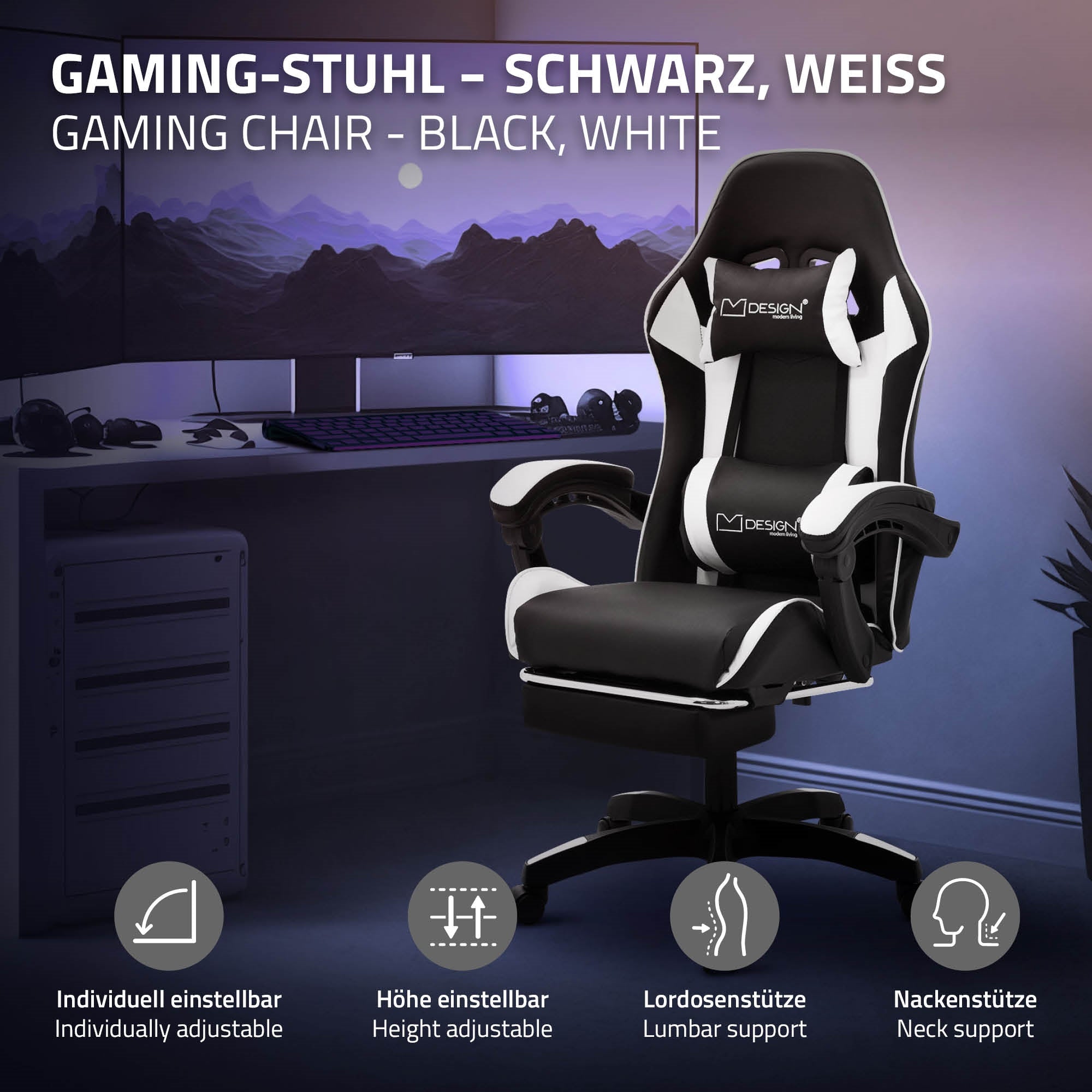 Ein Gaming-Stuhl in Schwarz und Weiß, umgeben von Text über Anpassungsmöglichkeiten.