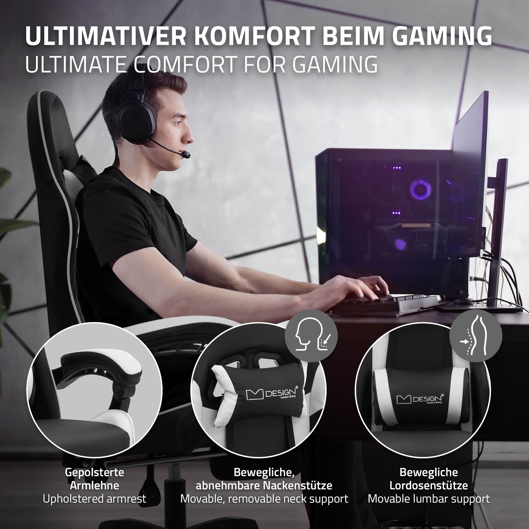 Grafik med informationer om en gamingstol og dens funktioner.