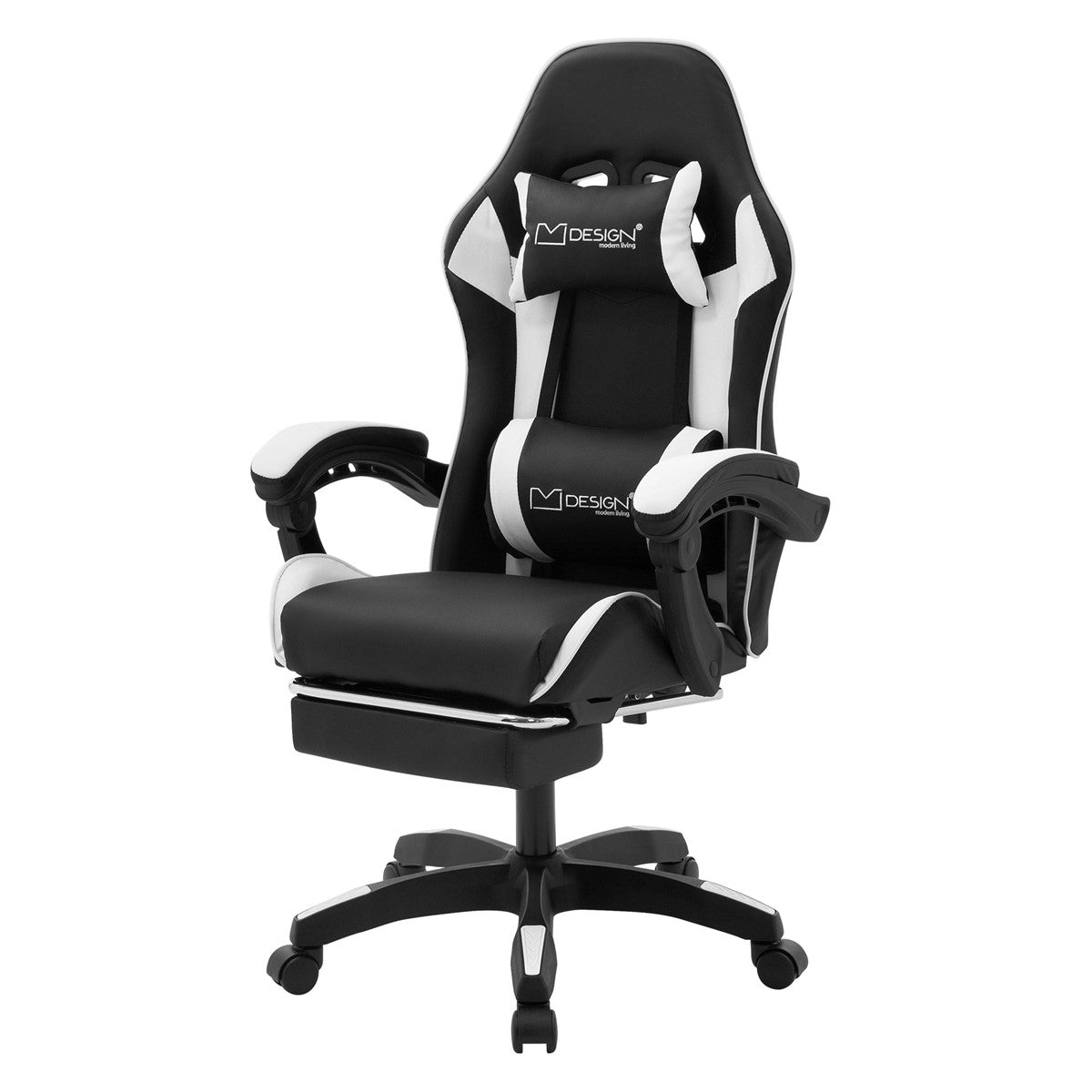Black gaming chair with white accents and a headrest.