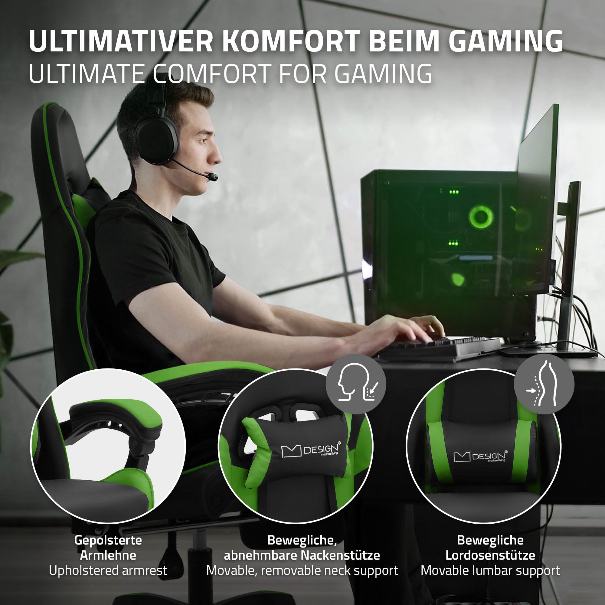 Person i gaming-stol med headset, computer og grønne accenter i baggrunden.