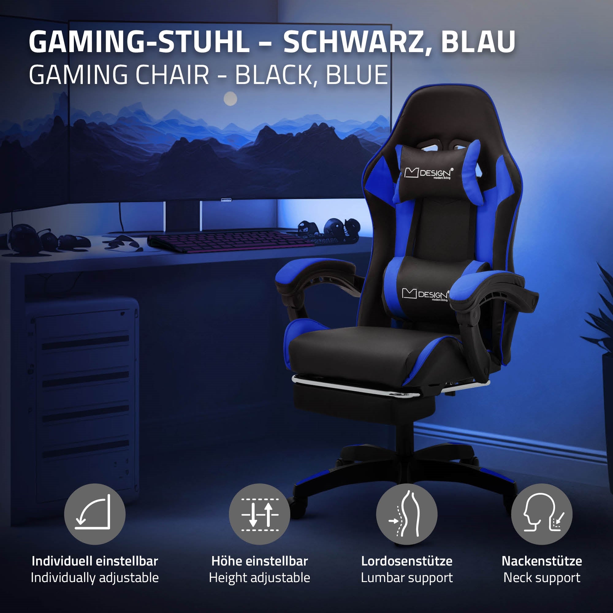 Schwarzer und blauer Gaming-Stuhl, individuell einstellbar, mit Nackenstütze.