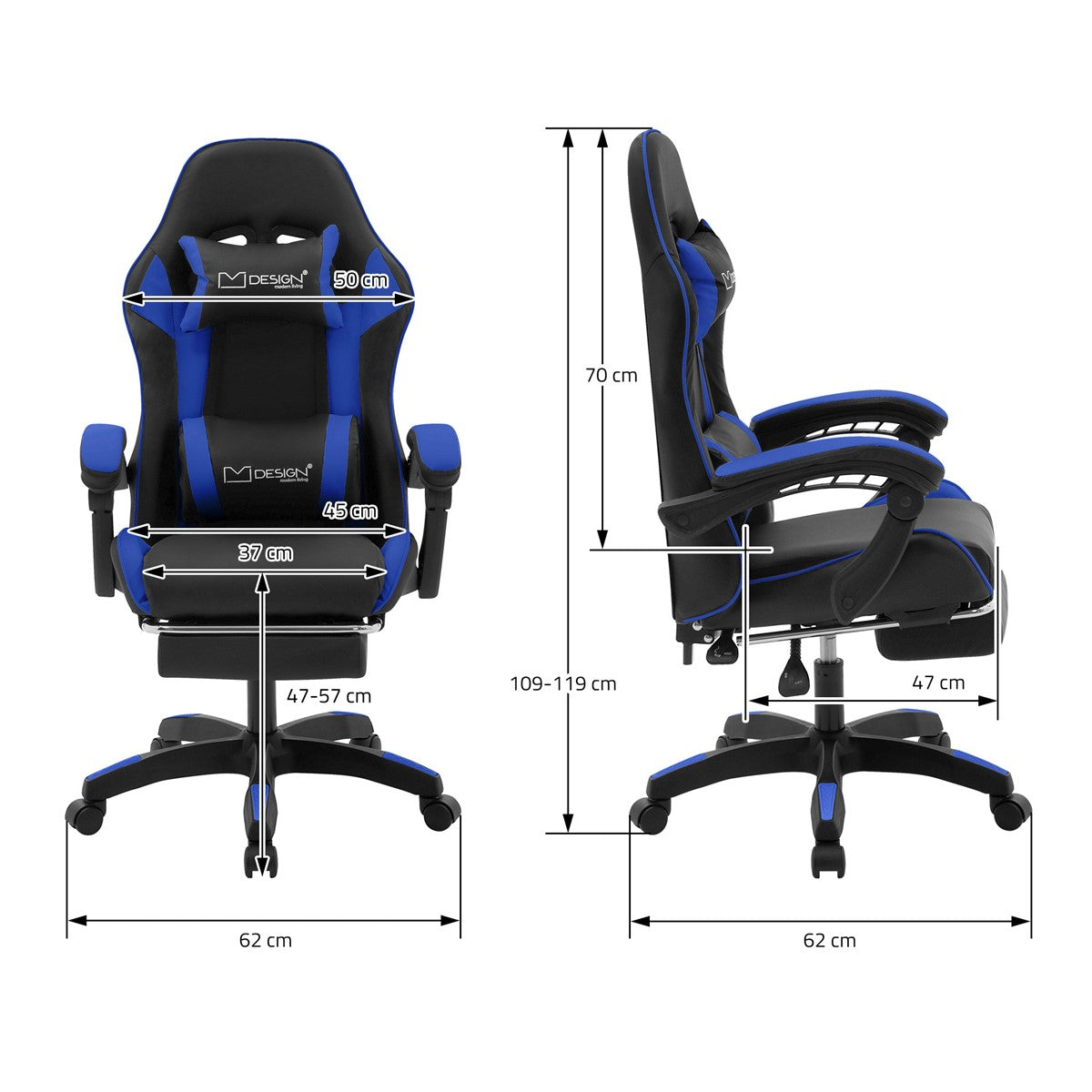 Maßzeichnung eines Gaming-Stuhls mit verschiedenen Abmessungen.