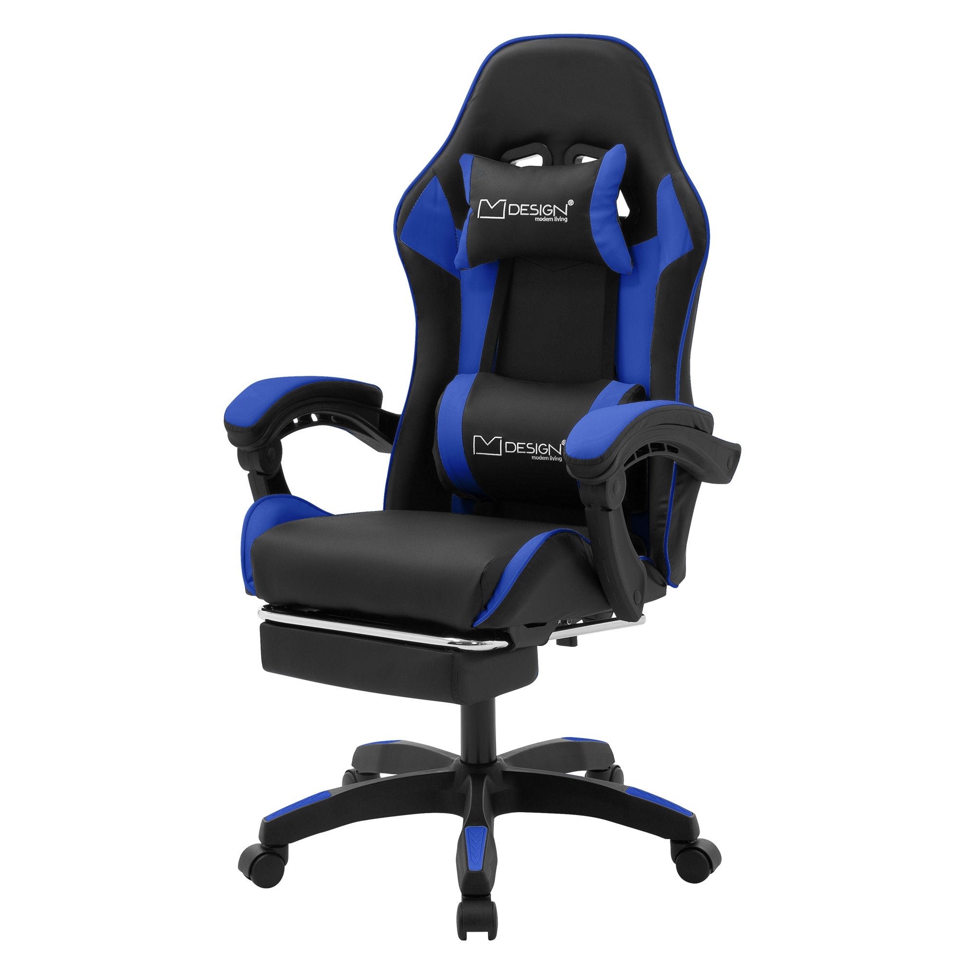 Bürostuhl in Schwarz und Blau, mit Armlehnen und Rollen.