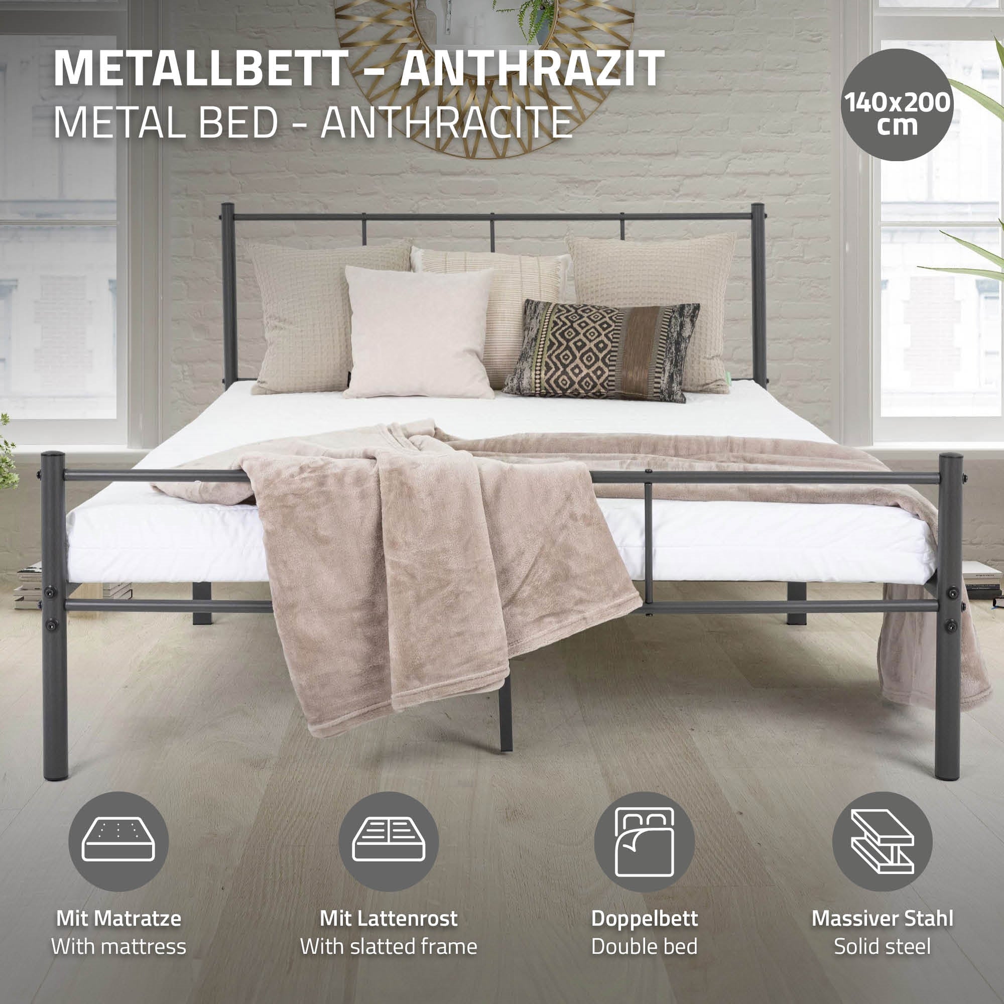 Metallbett in Anthrazit mit Matratze und Bettwäsche.