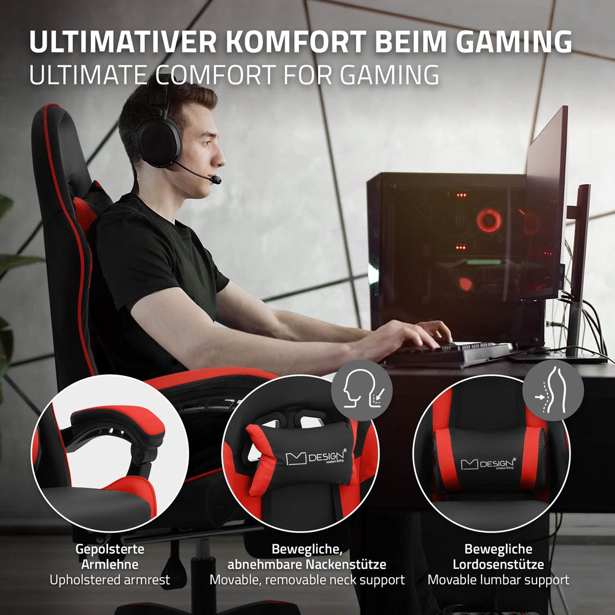 En person med headset sitter vid ett skrivbord och spelar på datorn.