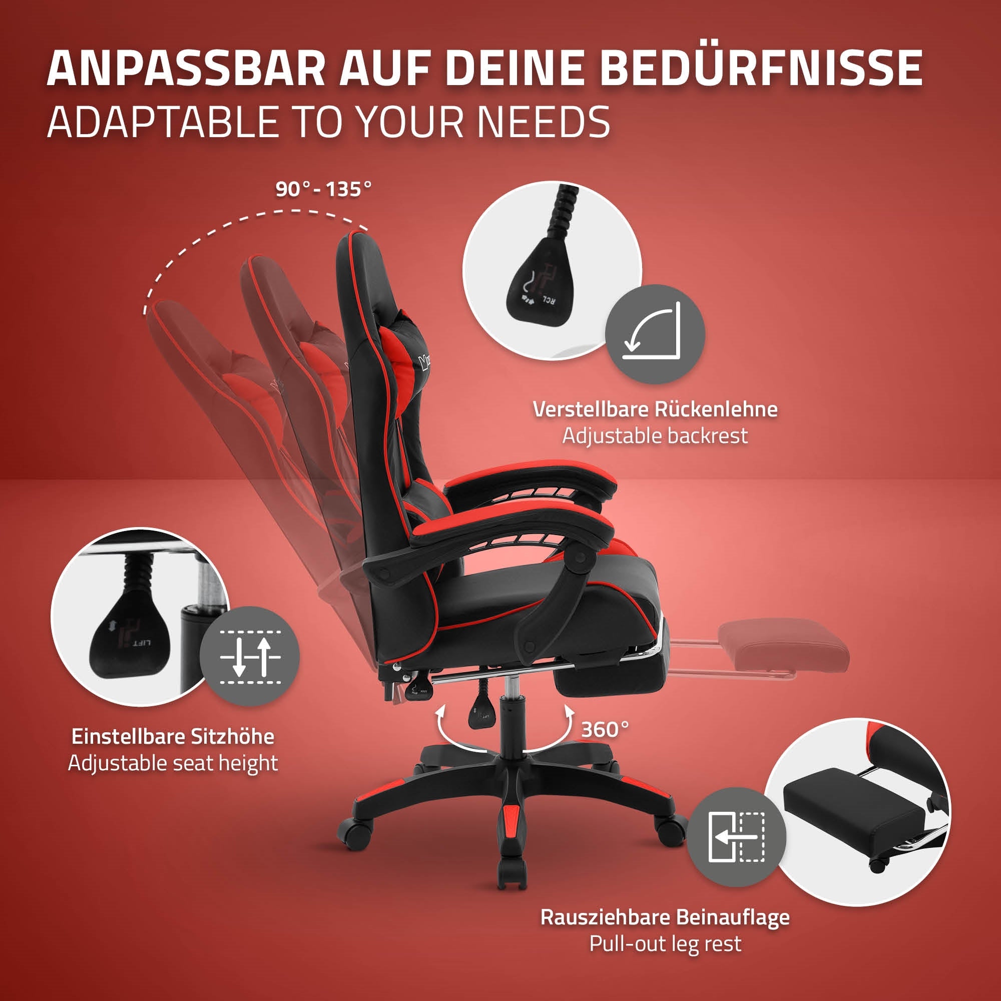 Grafik med en justerbar gamingstol og dens funktioner.