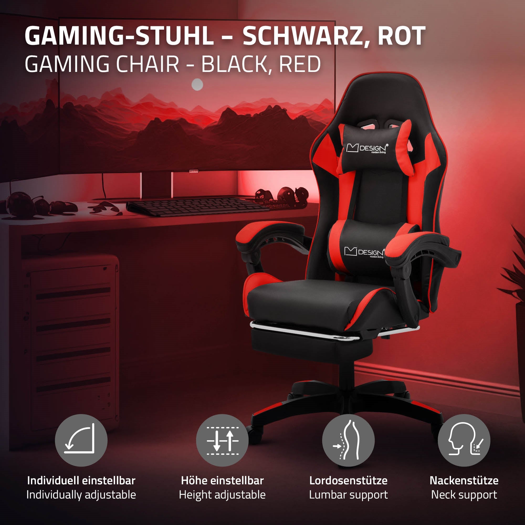 Schwarzer und roter Gaming-Stuhl mit verstellbaren Elementen.