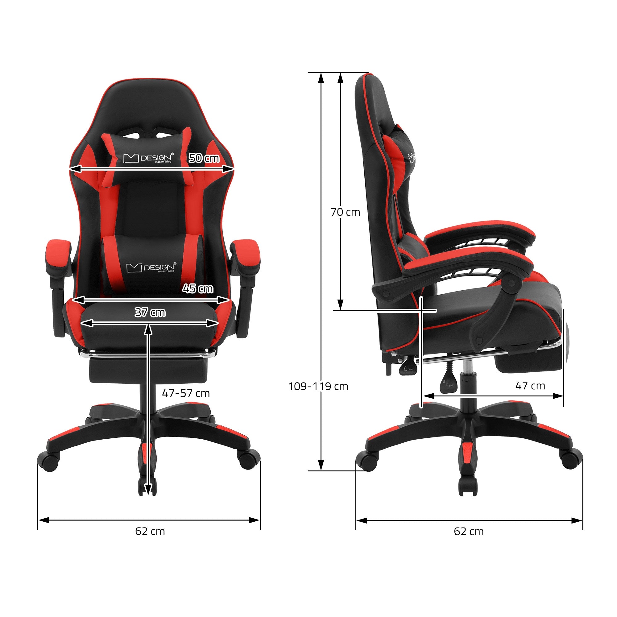 Teknisk tegning af en gamingstol med mål.