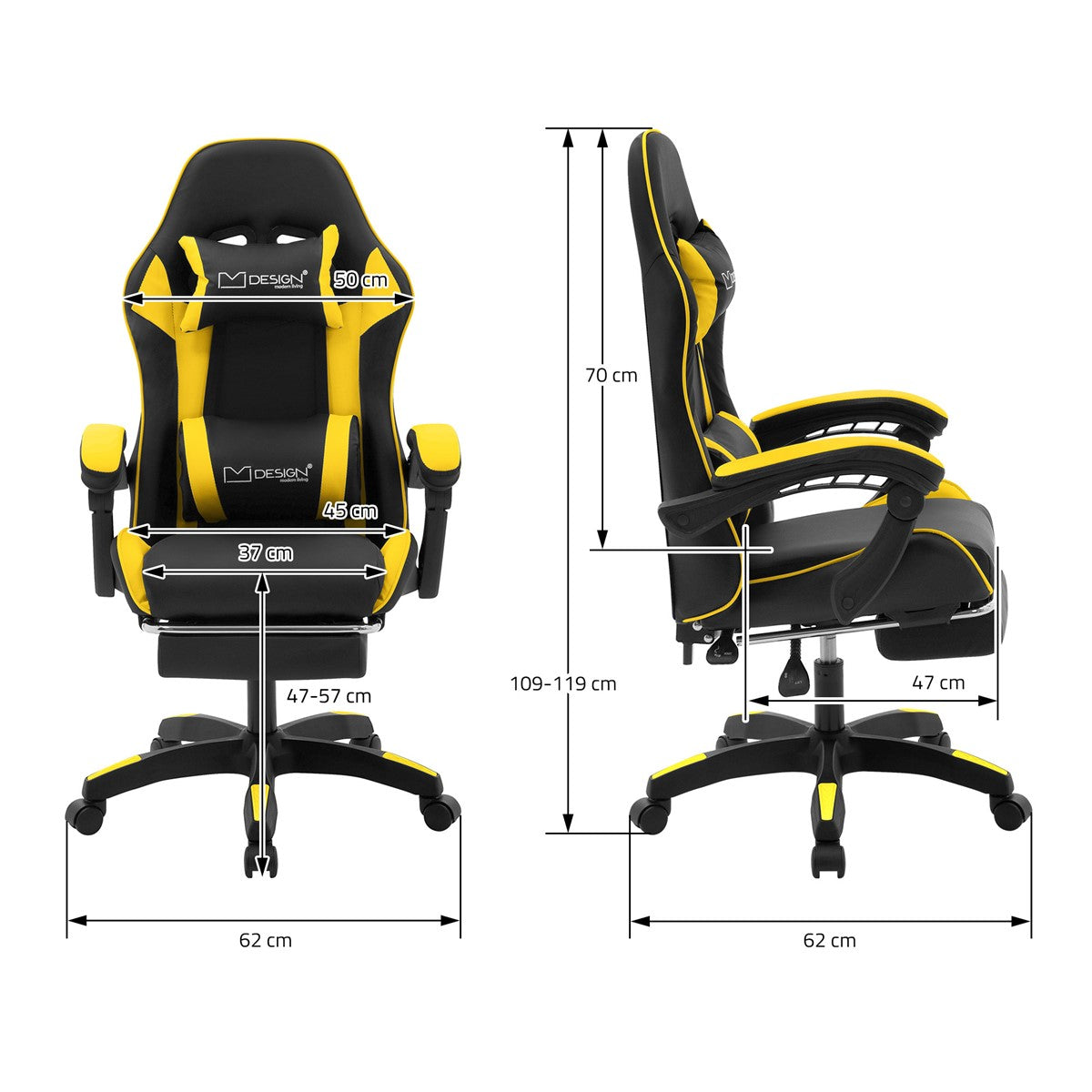 Schwarzer Gaming-Stuhl mit gelben Akzenten und Maßangaben.