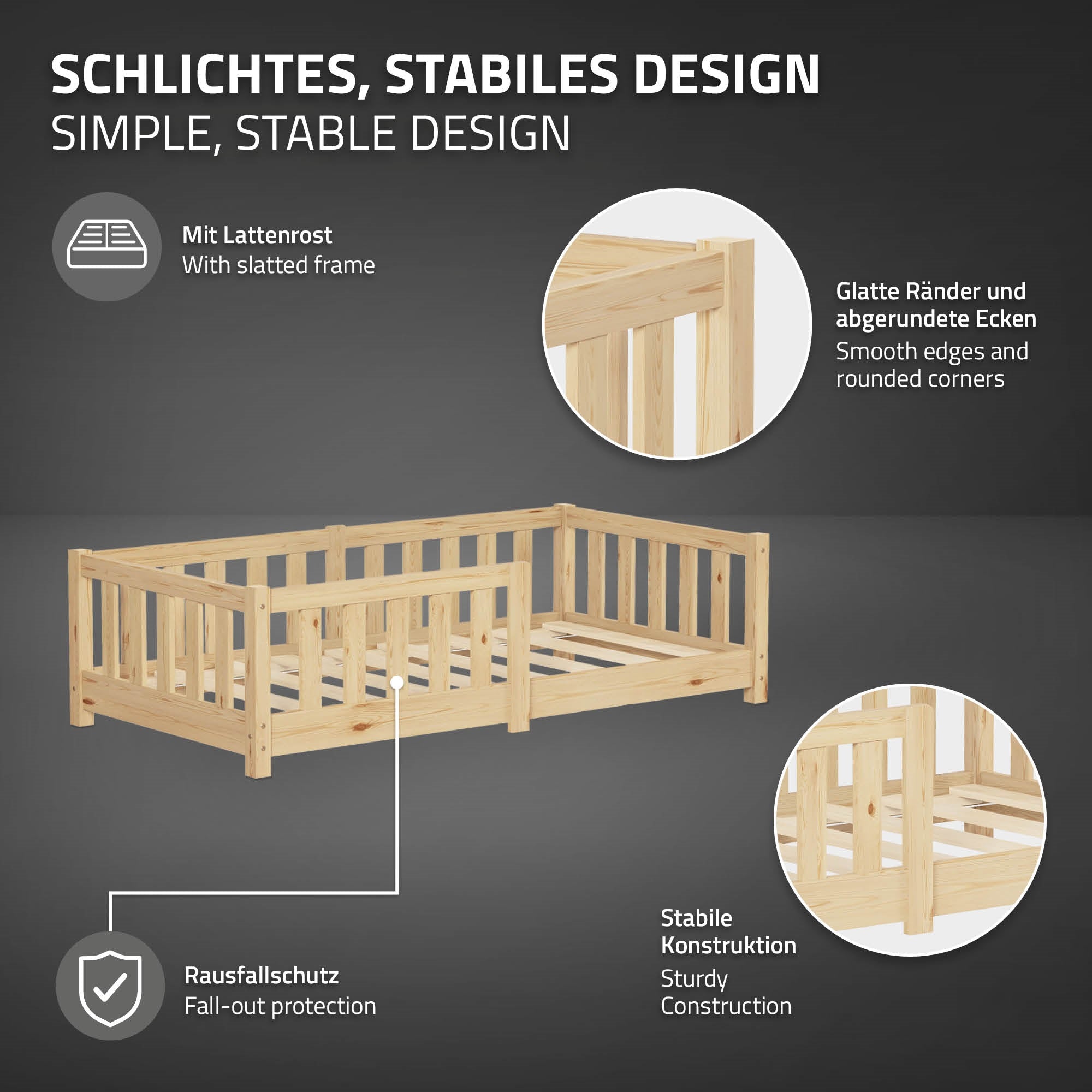 Holzrahmenbett mit slatted frame und abgerundeten Ecken.