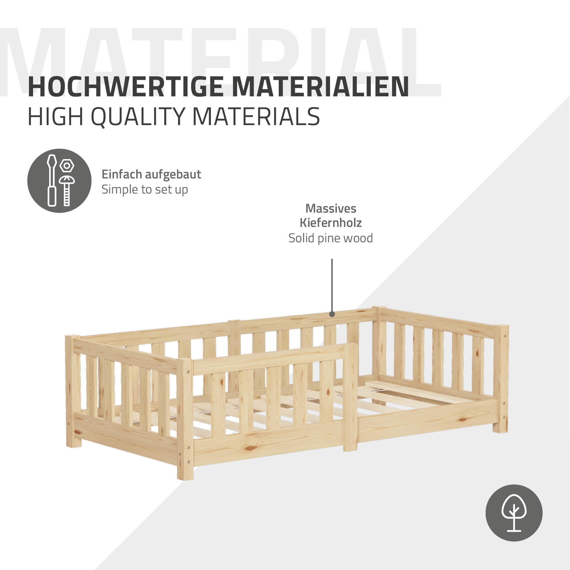 Holzrahmenbett aus massivem Kiefernholz, einfach aufzubauen.