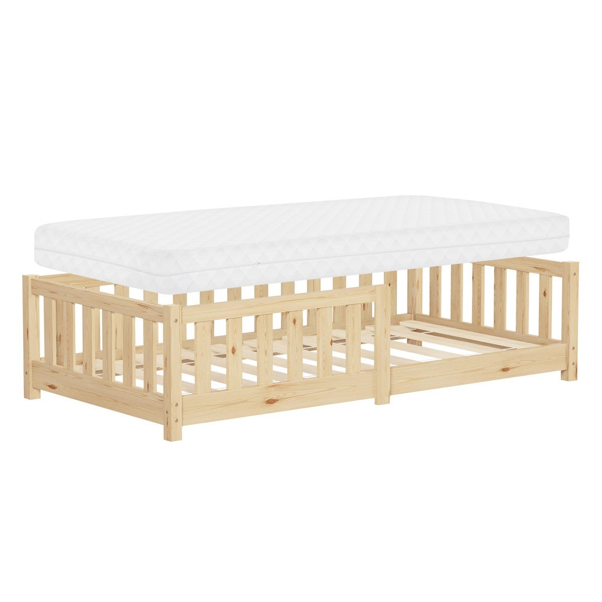 Holzgestell mit Matratze, geeignet für ein Kinderbett.