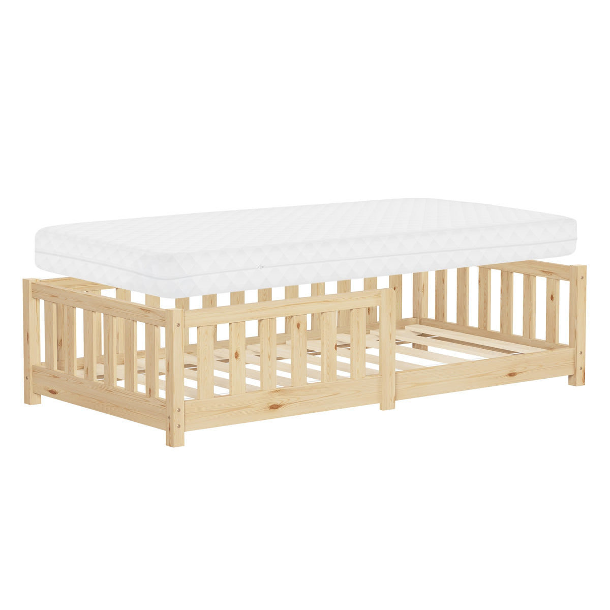 Holzgestell mit Matratze, geeignet für ein Kinderbett.