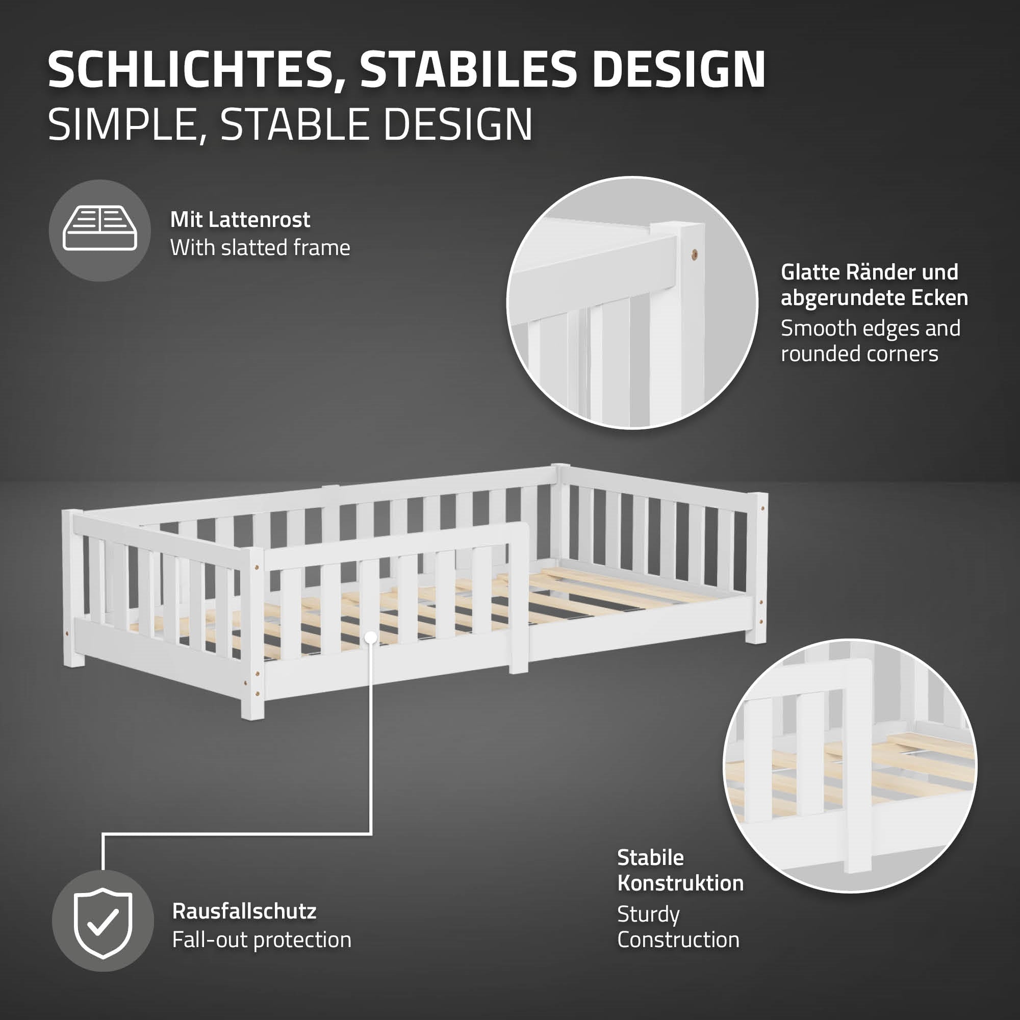 Grafik mit Informationen zu einem stabilen Bett mit Rausfallschutz.
