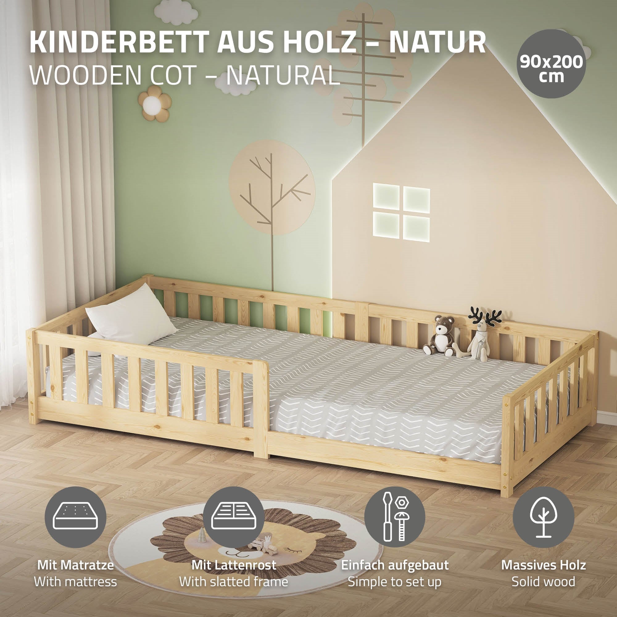 Houten kinderbed in een kamer met natuurlijk licht.