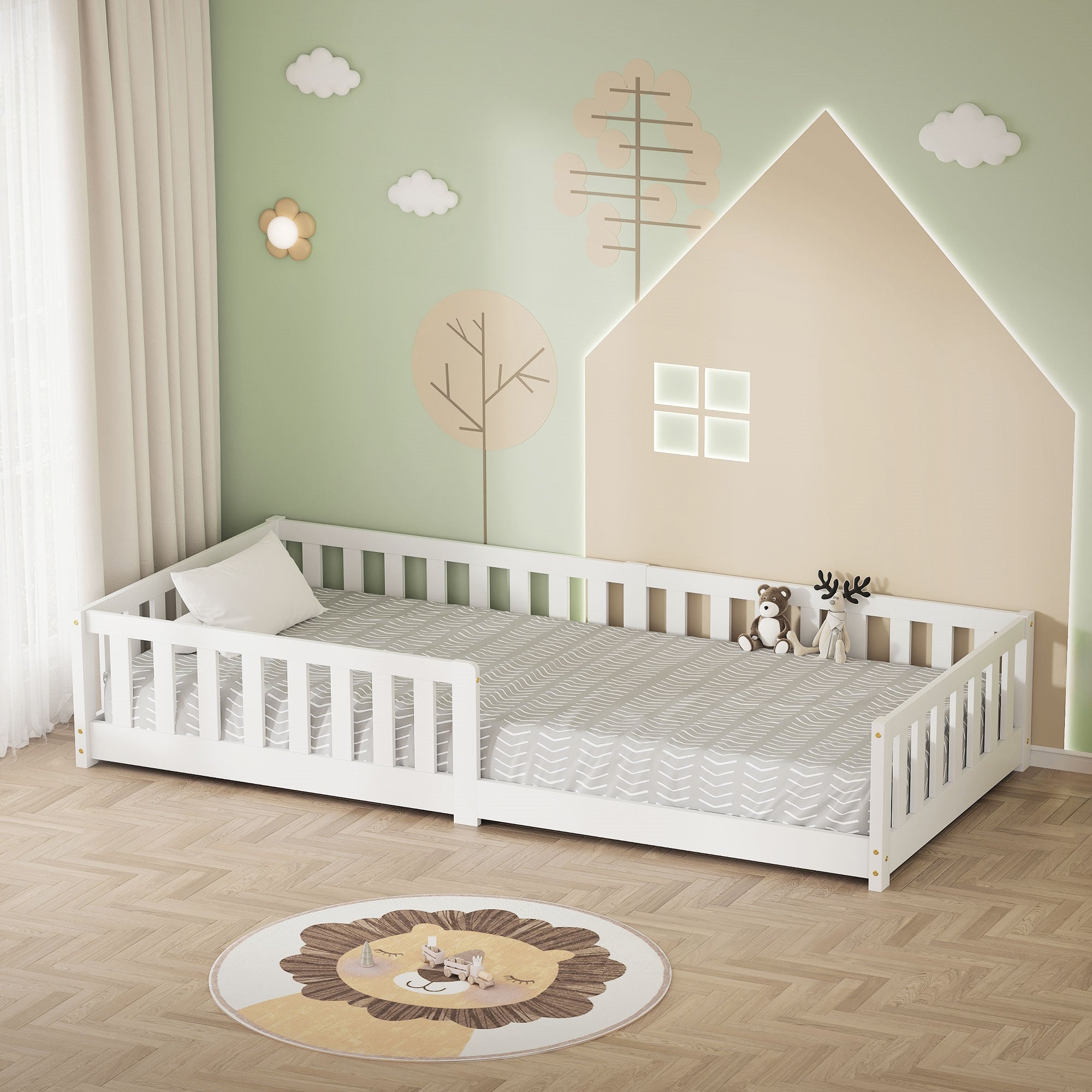 Camera con letto con telaio in legno bianco e decorazioni murali.