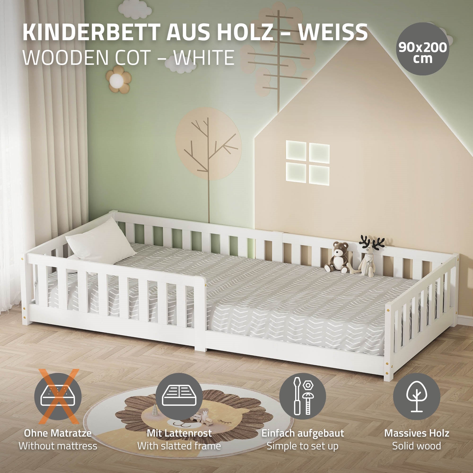Letto per bambini bianco in legno, 90x200 cm, con rete a doghe.