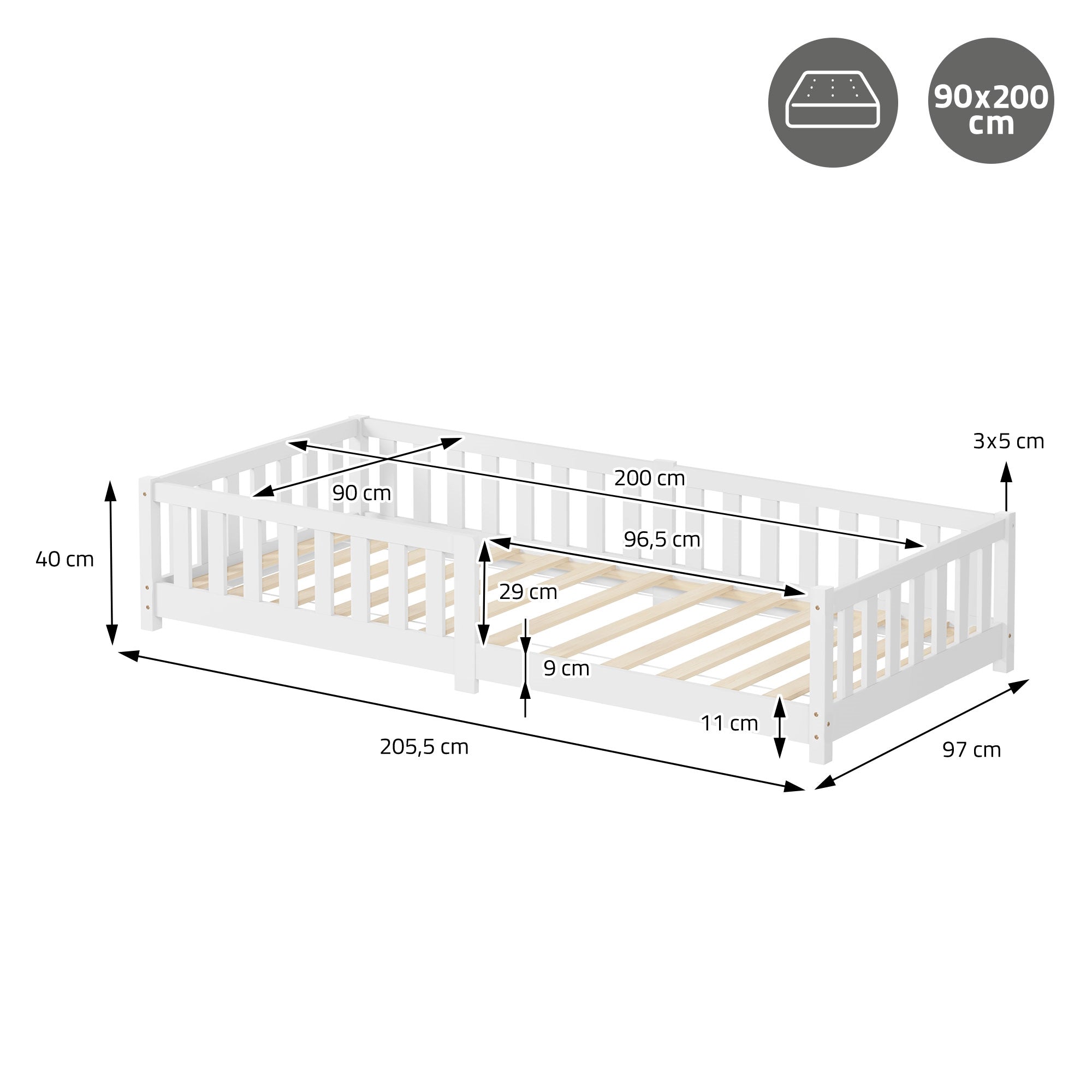 Cuna blanca con dimensiones 200x90 cm y somier.