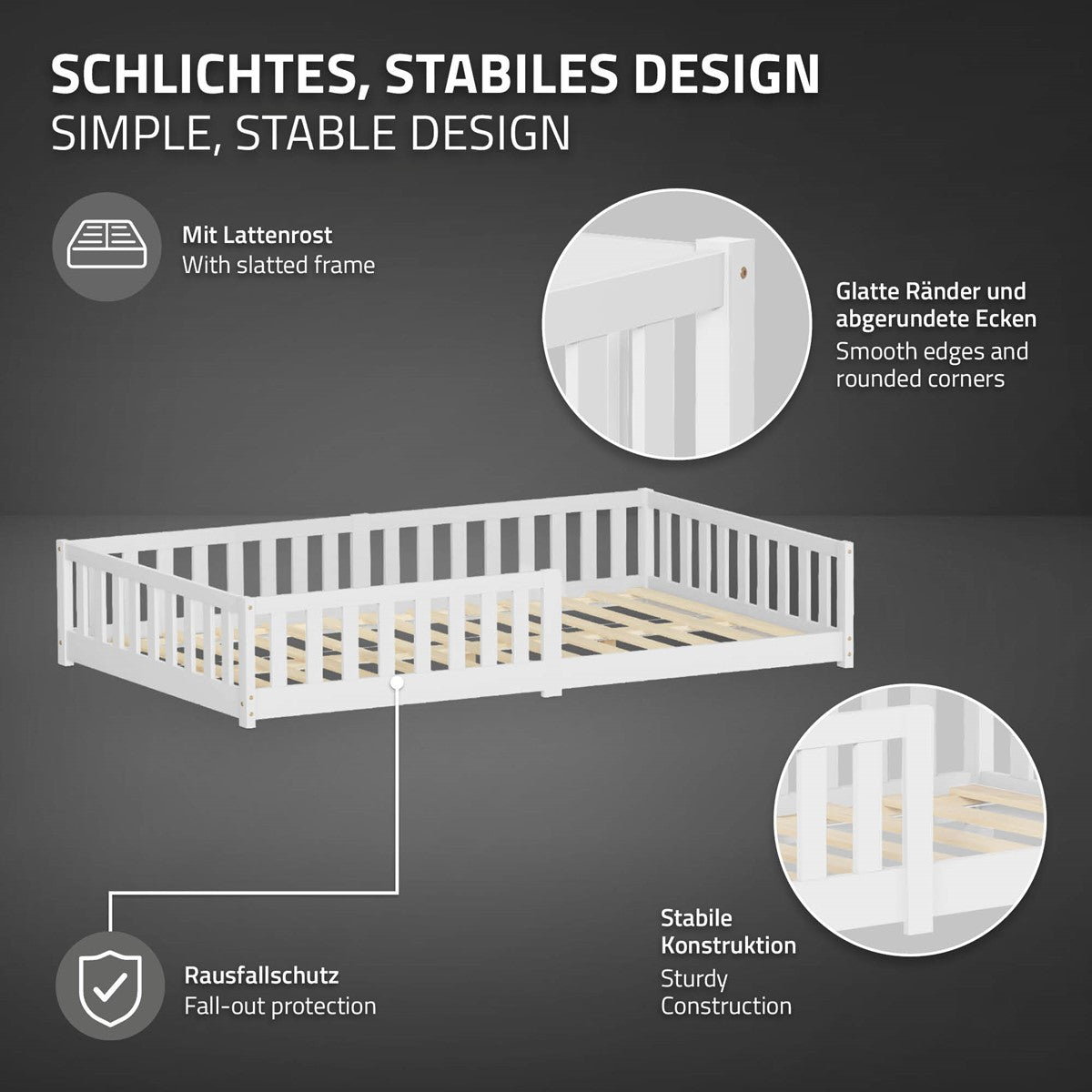 Grafik mit Details zu einem stabilen Design und Rausfallschutz eines Kinderbetts.