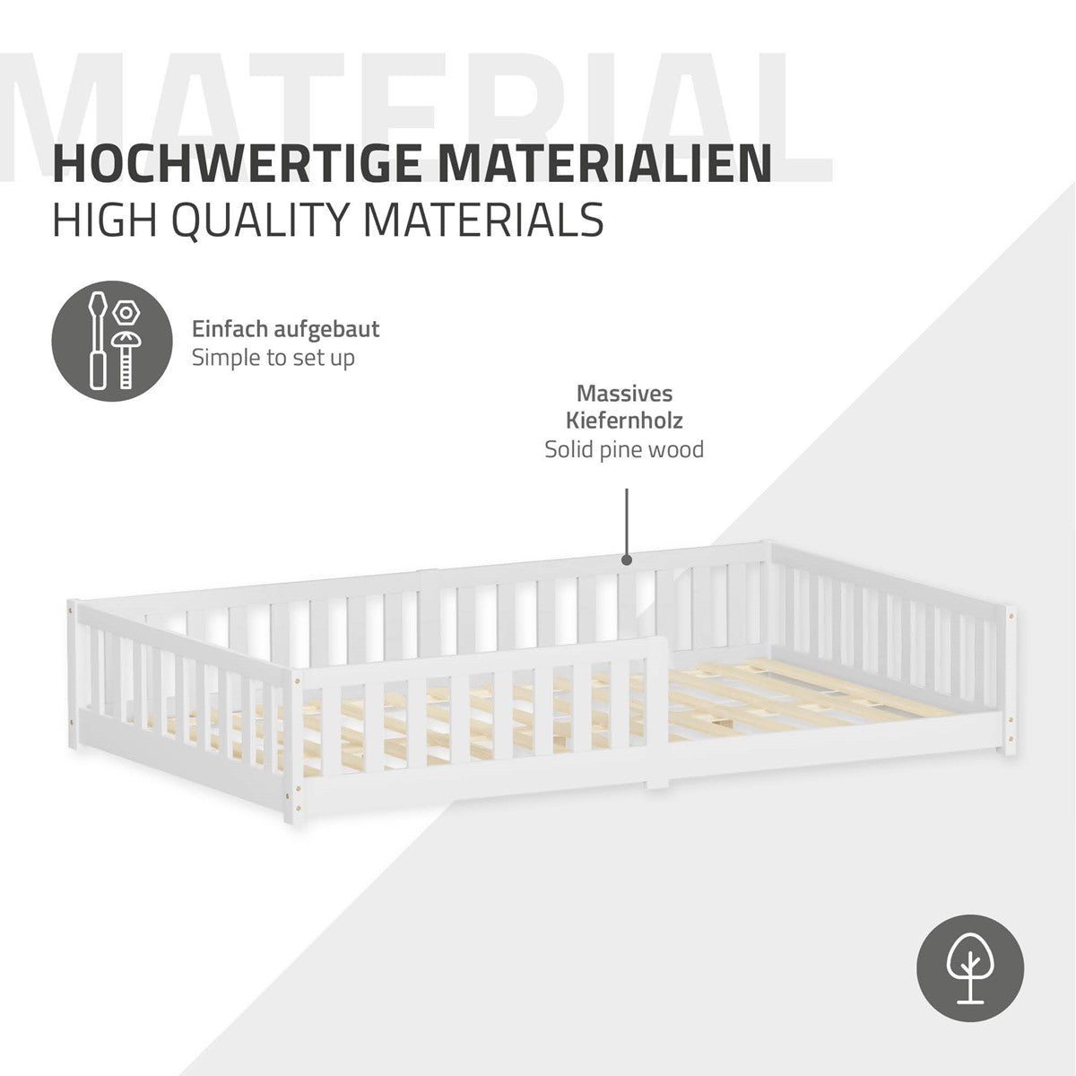 Bett aus massivem Kiefernholz, einfach aufzubauen.