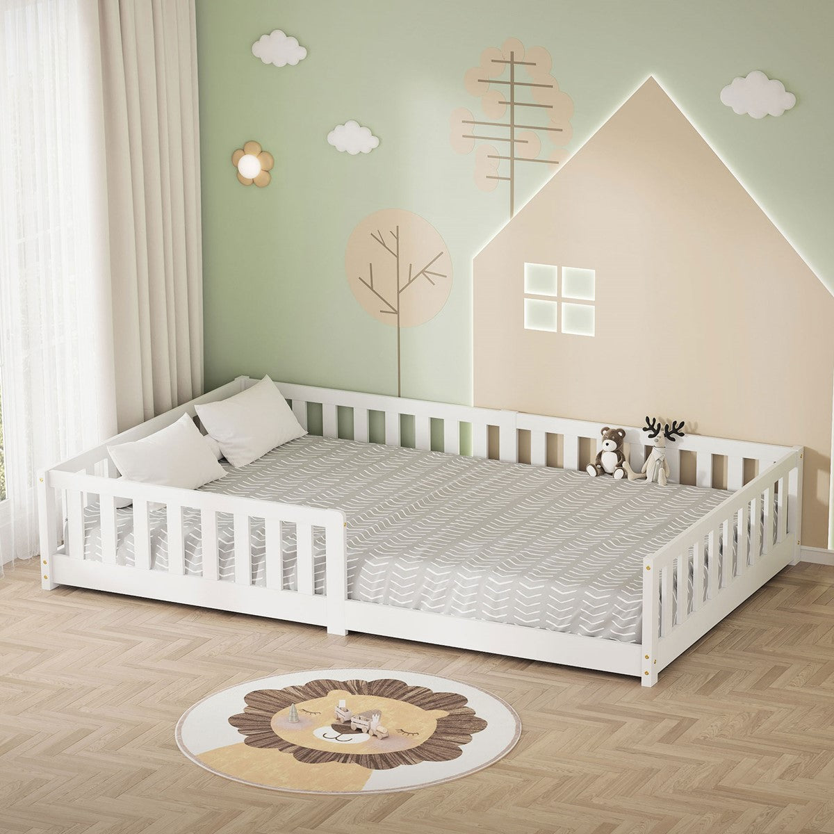 A wooden children's bed in a bright room with decorative walls.