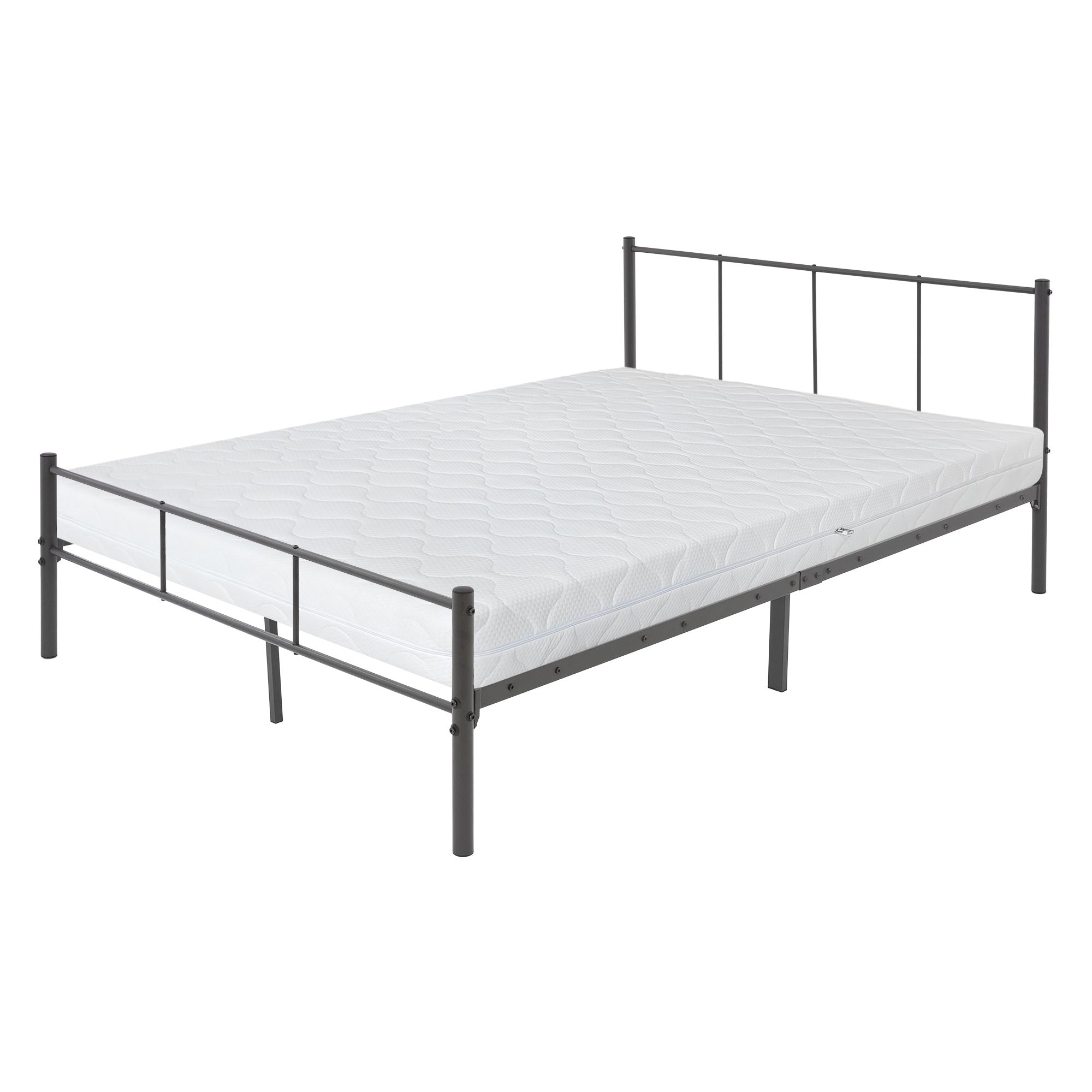Zwart bedframe met matras, zichtbaar vanaf de zijkant.