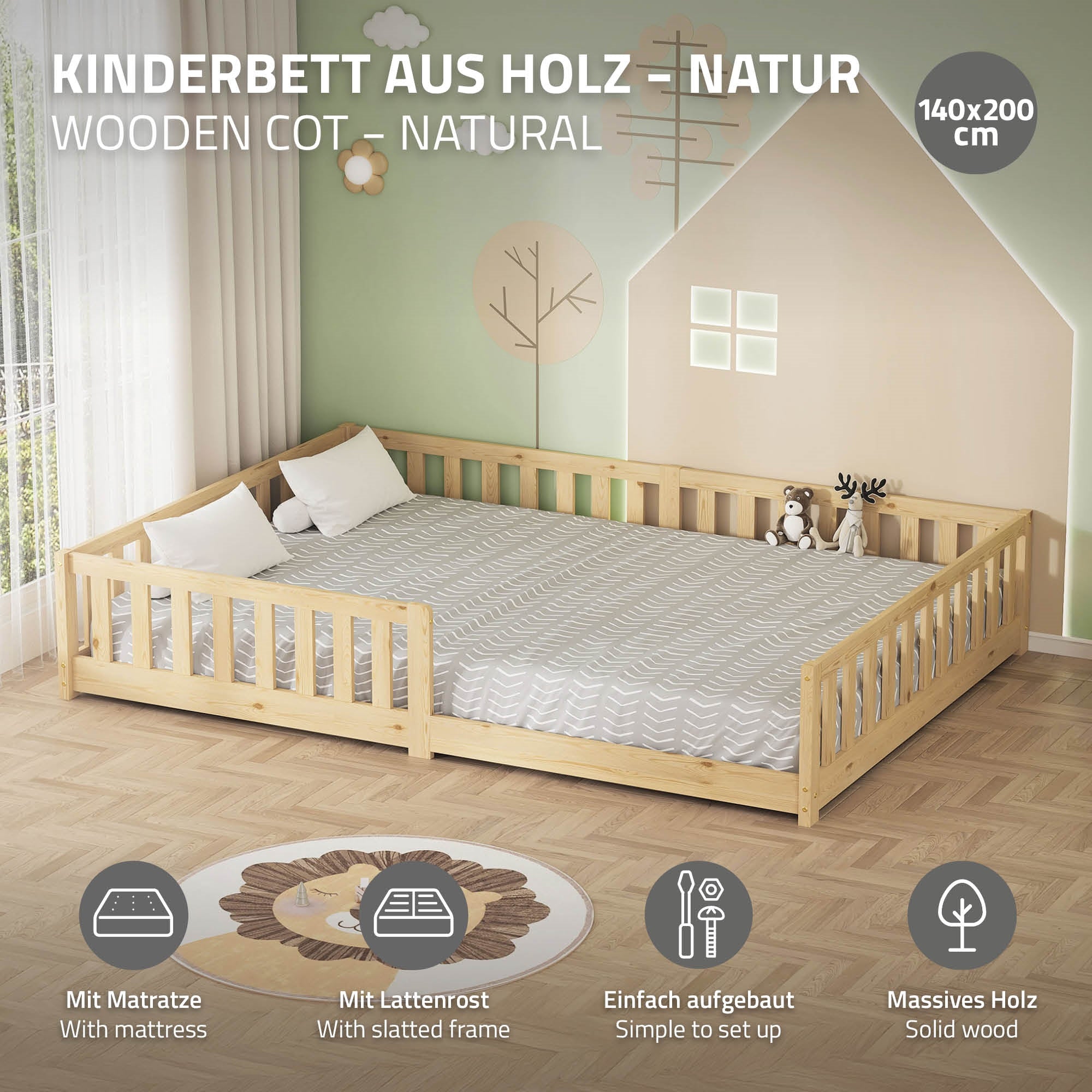 Holz-Kinderbett in Natur mit Matratze und Lattenrost.