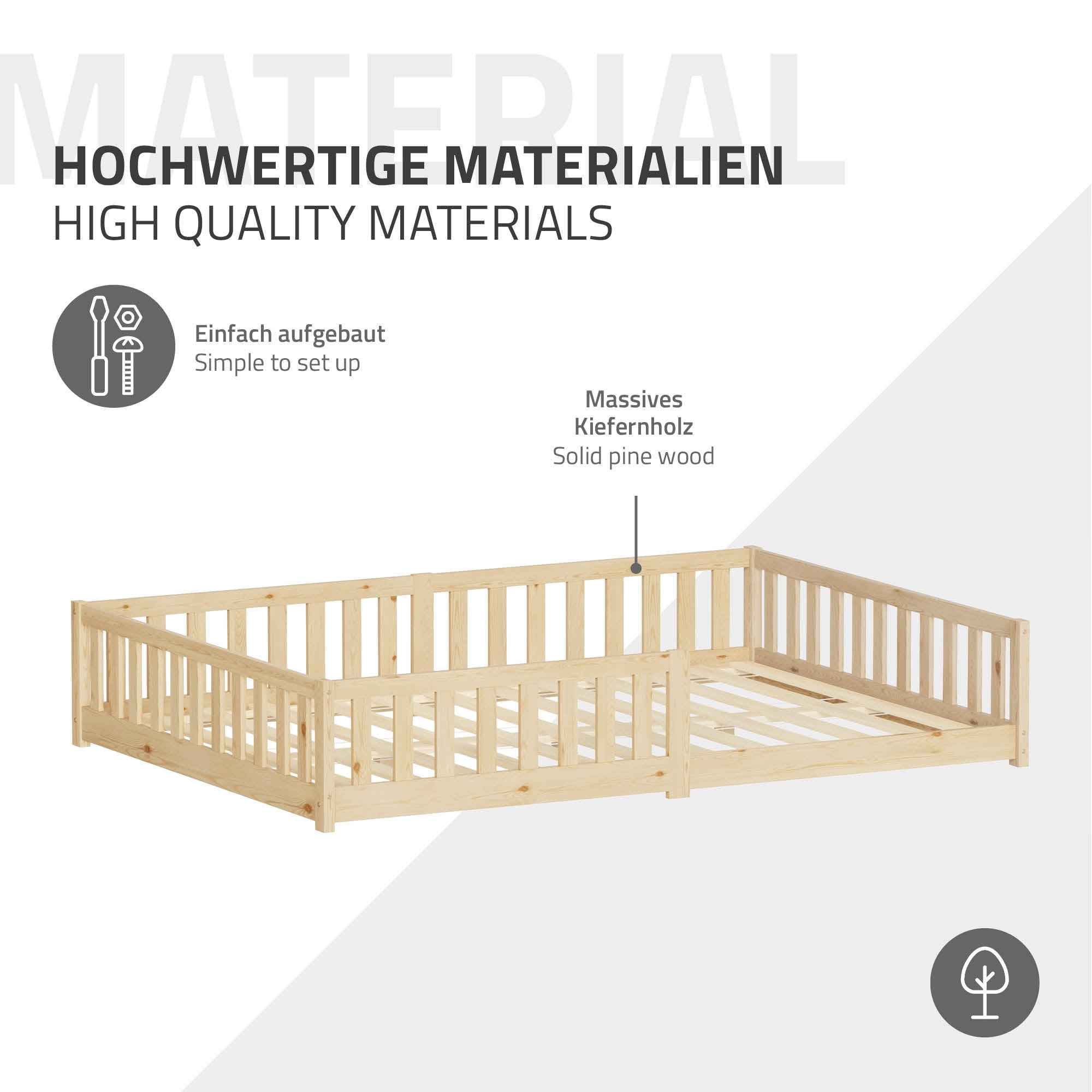 Holzbett aus massivem Kiefernholz, einfach aufzubauen.