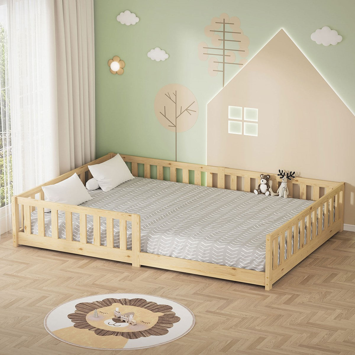 Children’s room with a large bed, decorated with cushions and wall art.