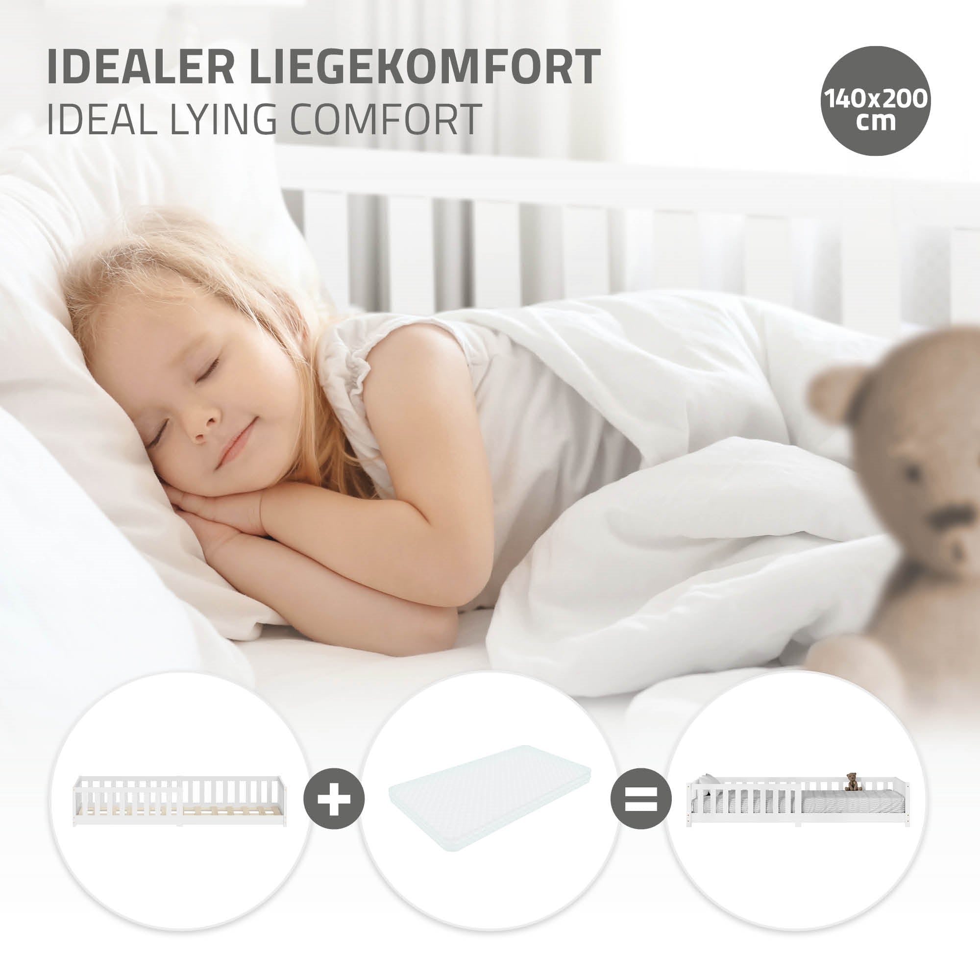 Schlafendes Kind in einem Bett mit einer Matratze, idealer Liegekomfort.