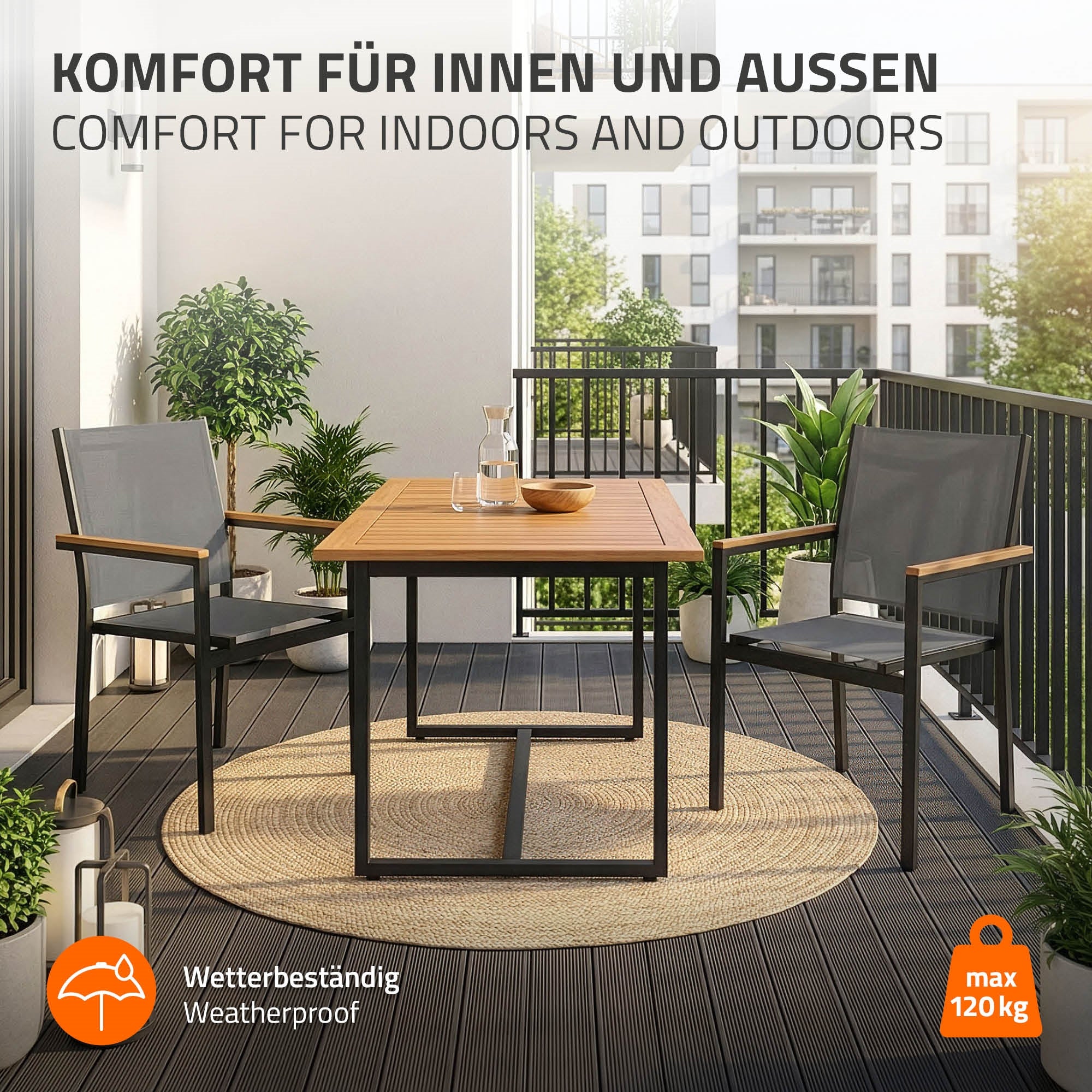 Tisch mit zwei Stühlen auf einem Balkon, wetterbeständig, max. 120 kg.