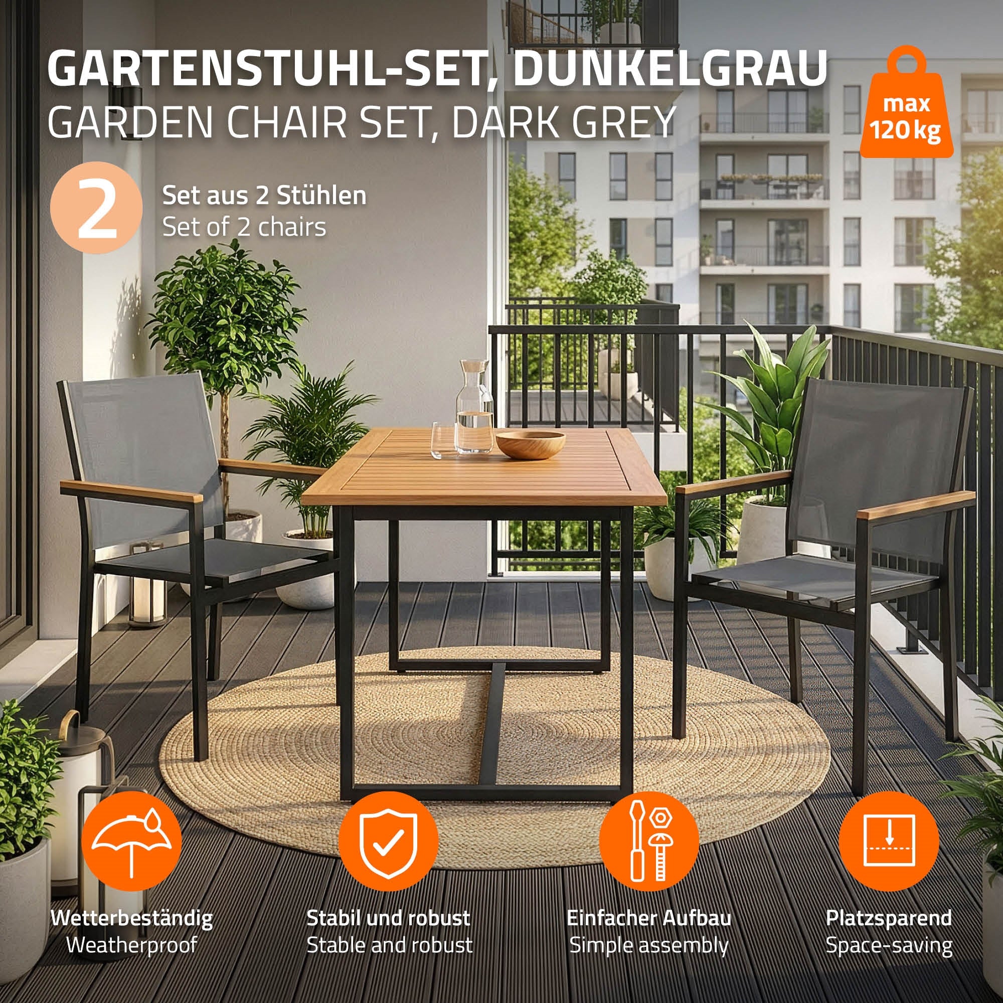 Dunkelgraues Gartenstuhl-Set mit zwei Stühlen und einem Tisch auf einer Terrasse.