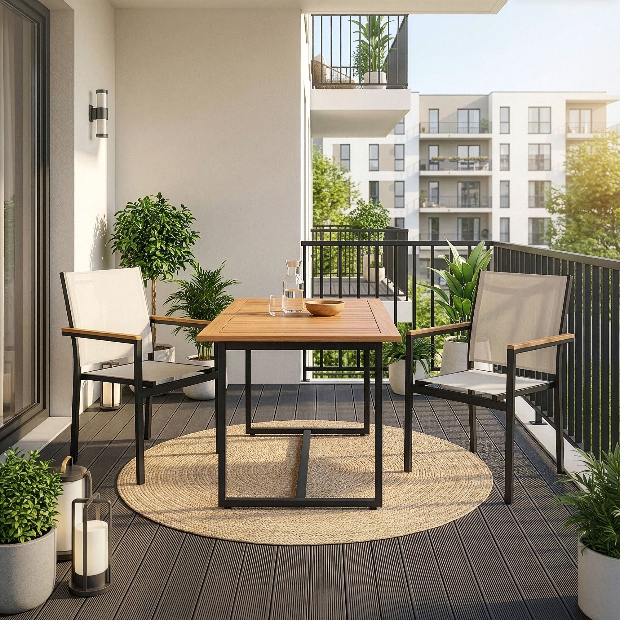 Deux chaises et une table sur un balcon, entourées de plantes.