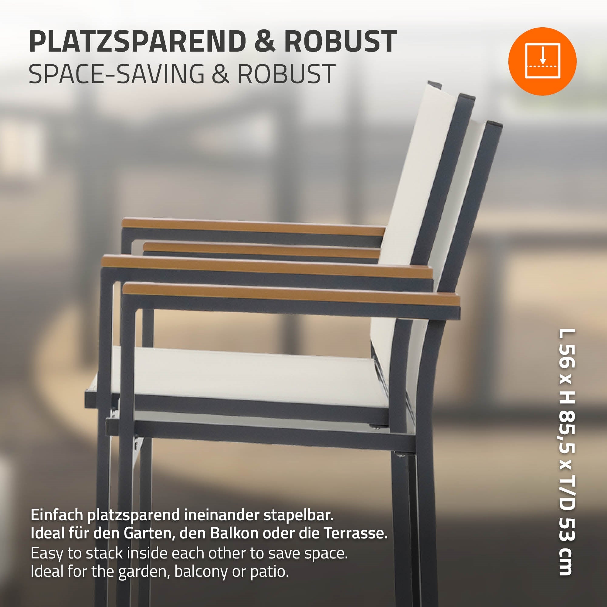 Two stackable garden chairs with wooden armrests on a balcony.
