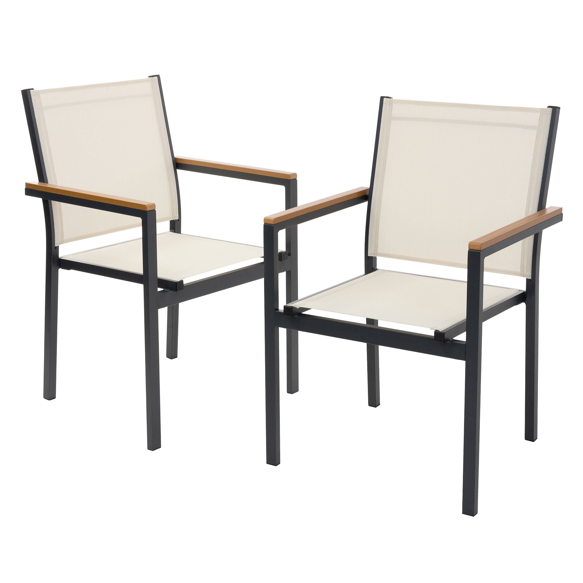 Zwei Gartenstühle auf einem Balkon mit Tisch und Pflanzen.