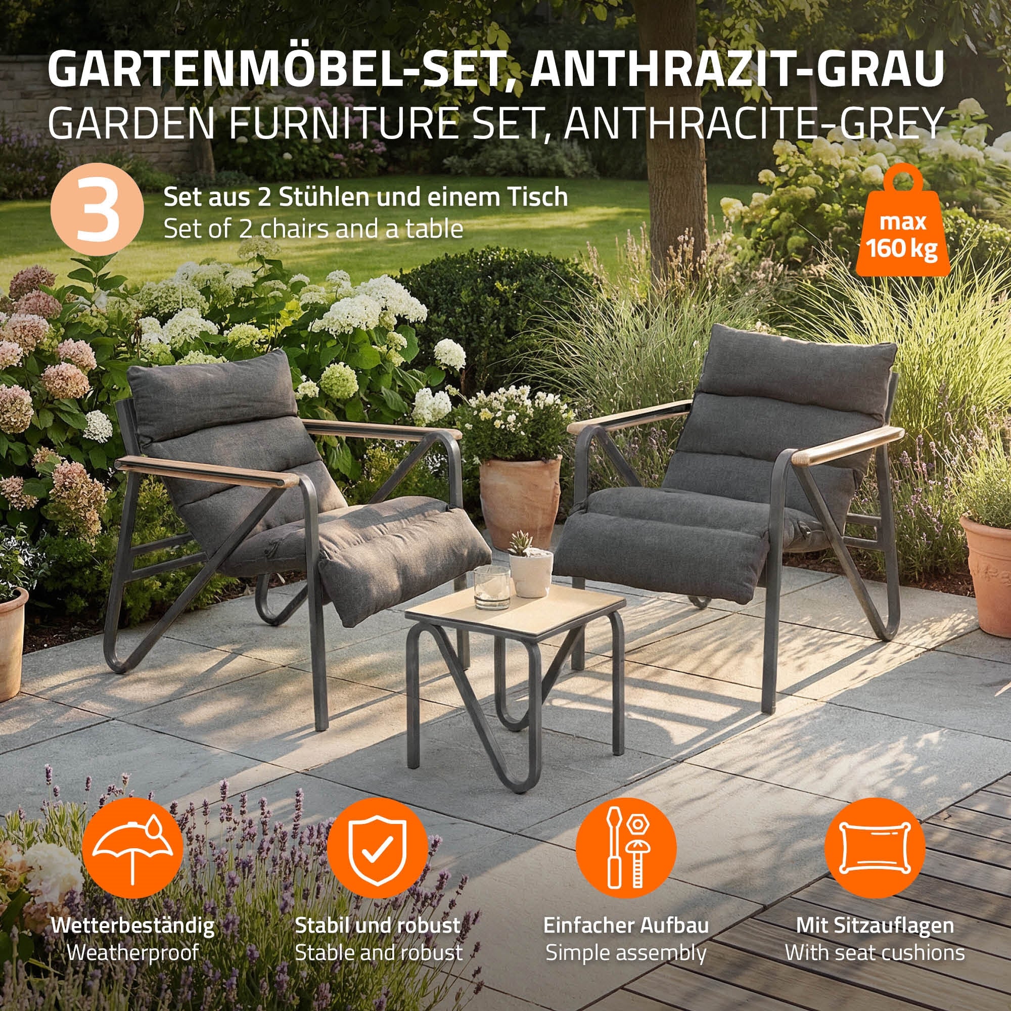 Gartenmöbel-Set mit zwei Stühlen und einem Tisch, wetterfest und stabil.