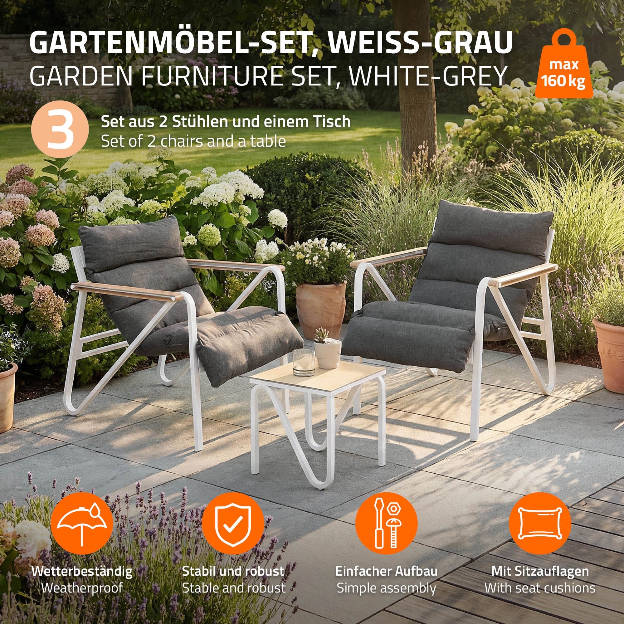 Gartenmöbel-Set in Weiß-Grau, bestehend aus zwei Stühlen und einem Tisch.
