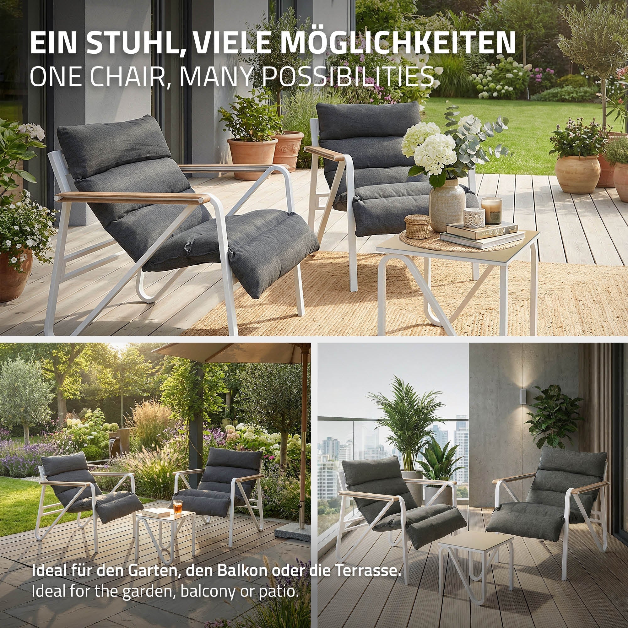To stole og et bord på en terrasse, omgivet af planter.